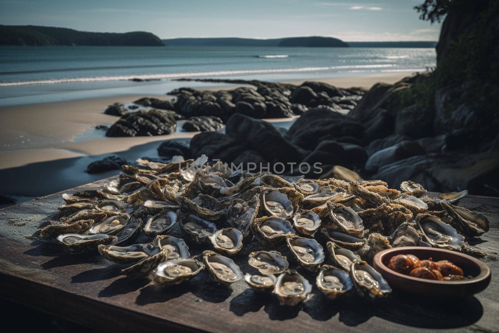 Fresh and delicious oysters, shucked and served by the sea for the ultimate seafood experience (generative AI)