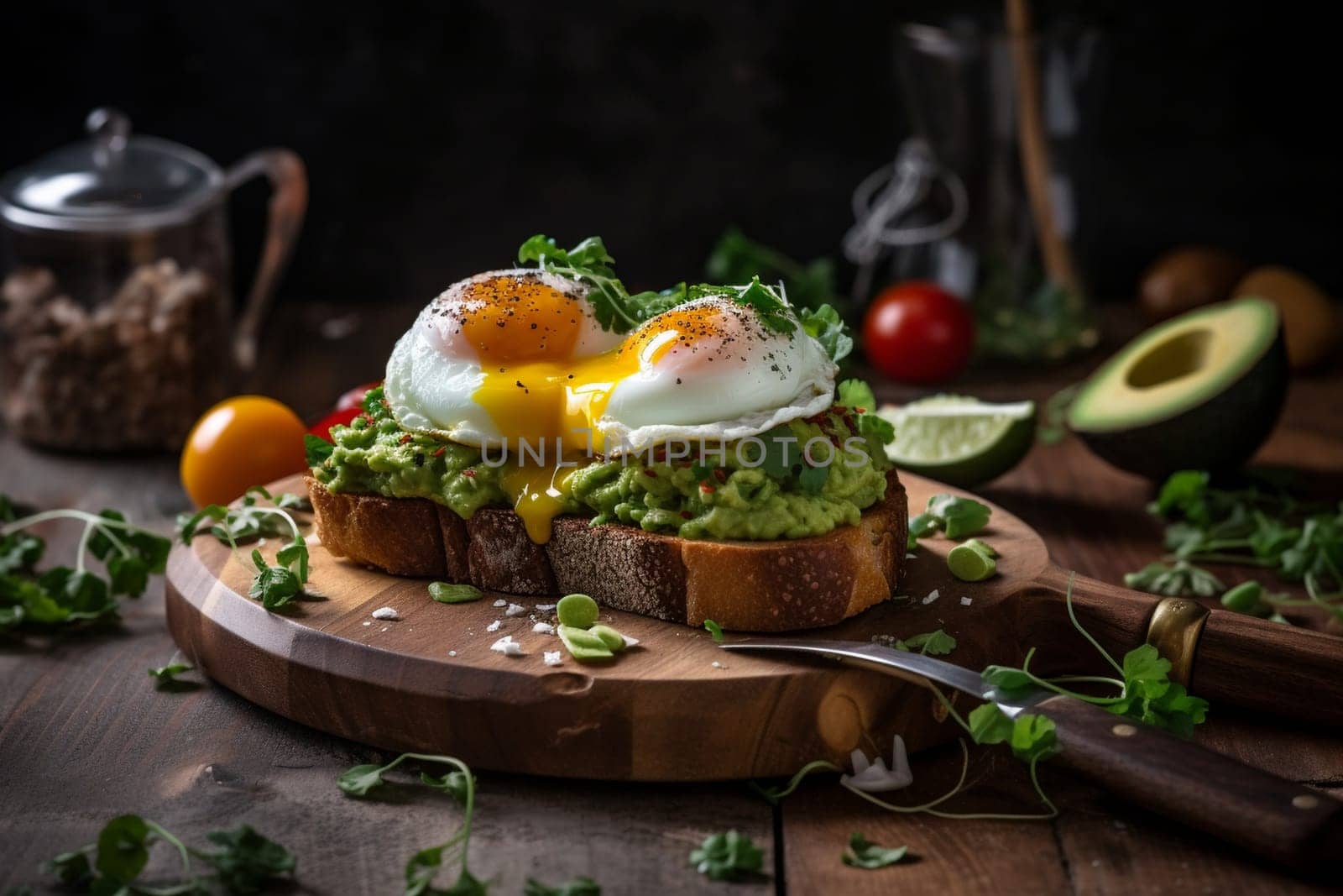 Perfectly ripe avocado mashed on a slice of toast and topped with a perfectly poached egg (generative AI)