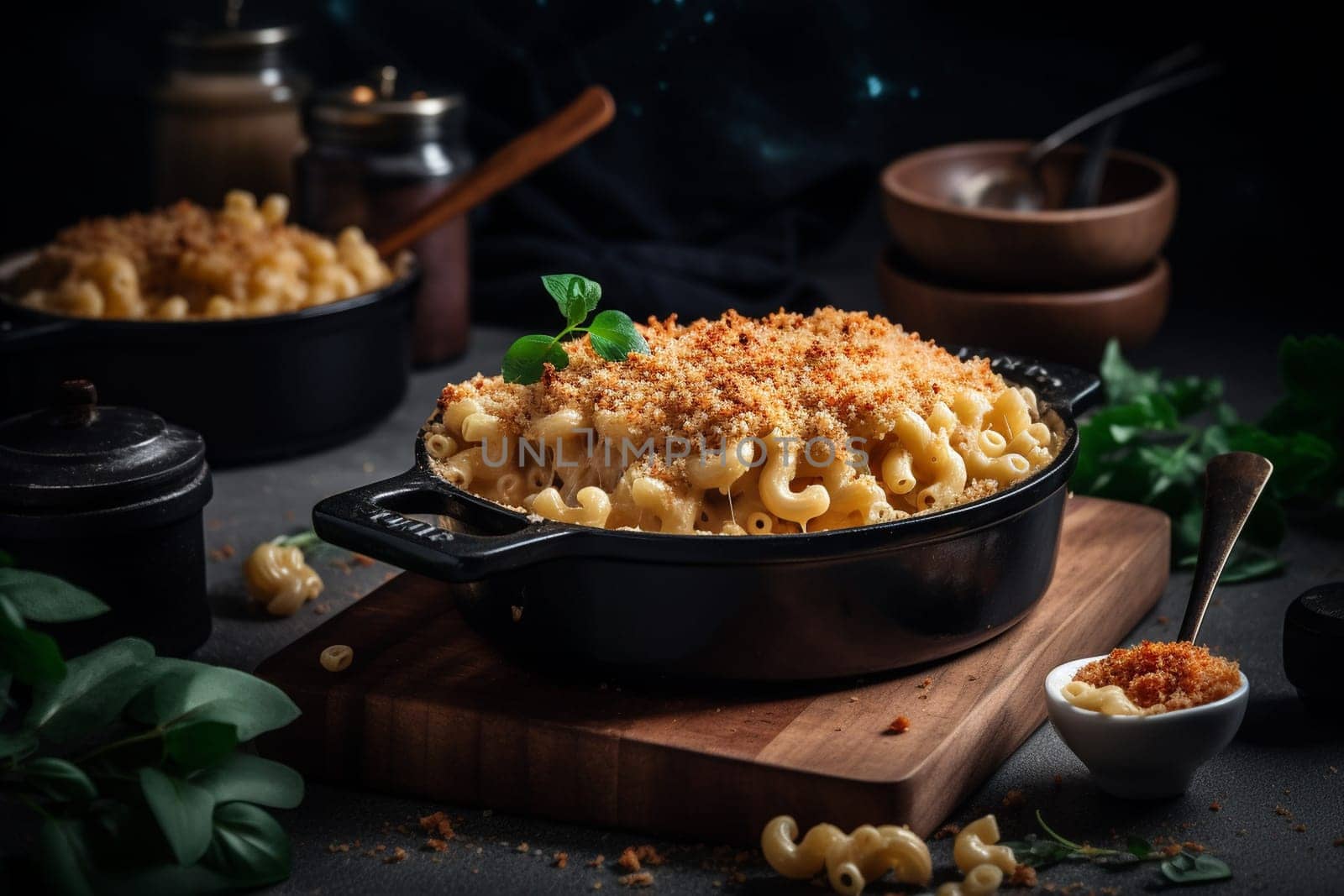 Gooey mac and cheese with a crispy breadcrumb topping (generative AI)