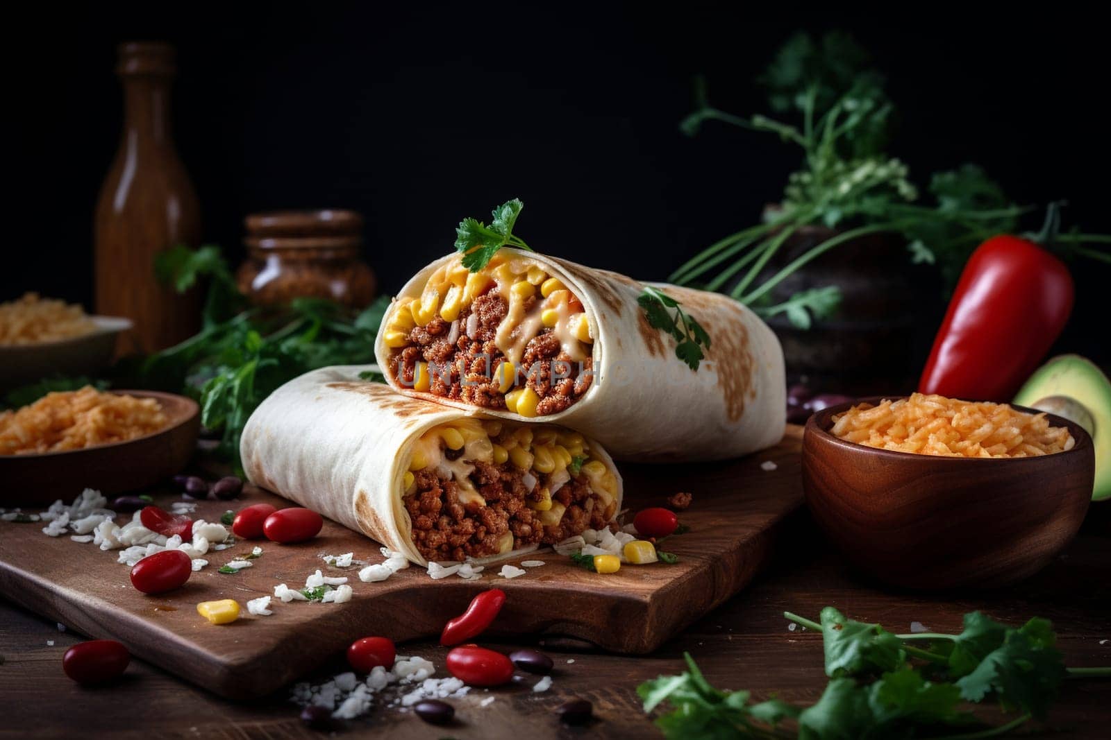 A flour tortilla filled with scrambled eggs, sausage, and cheese (generative AI)