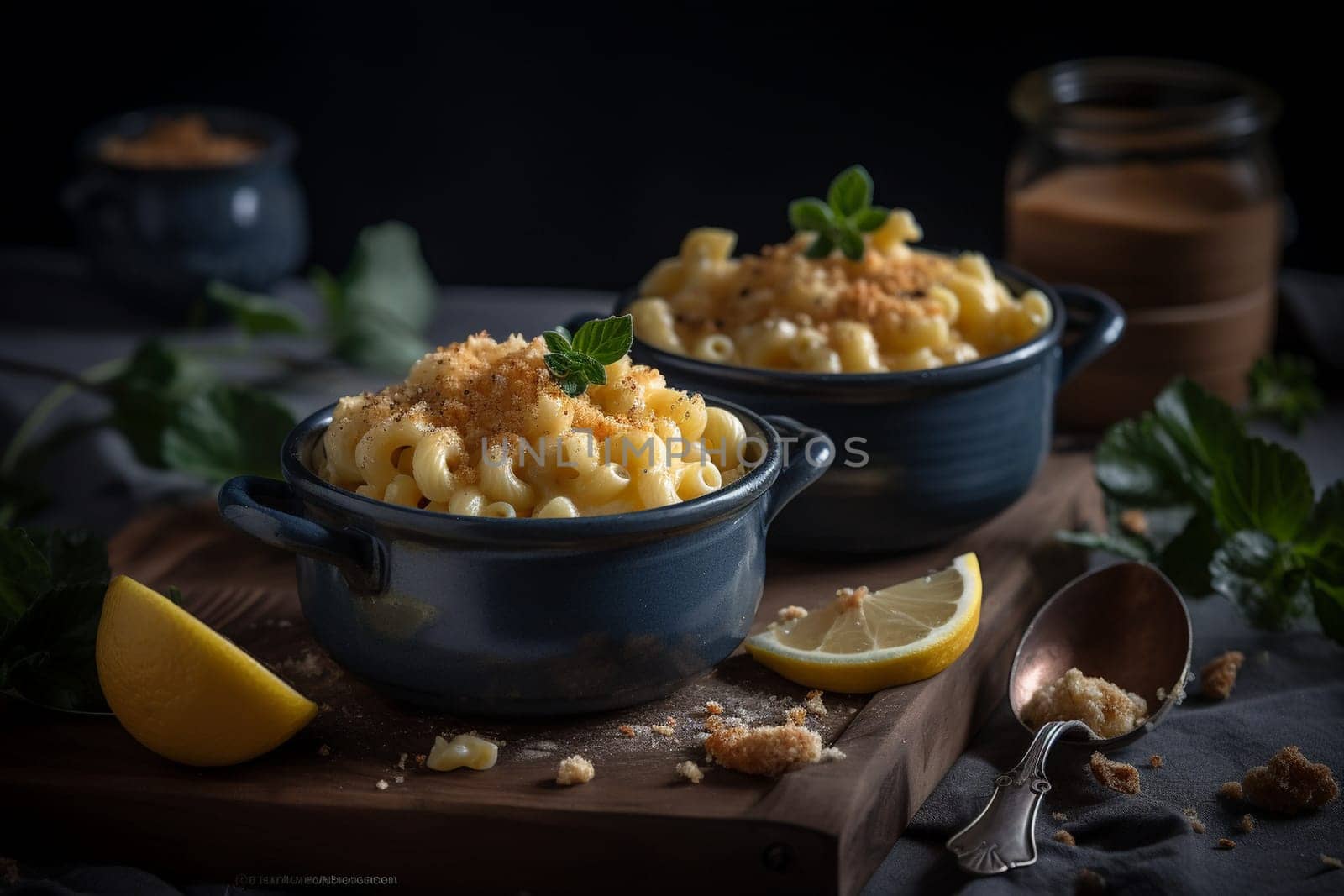 Gooey mac and cheese with a crispy breadcrumb topping (generative AI)