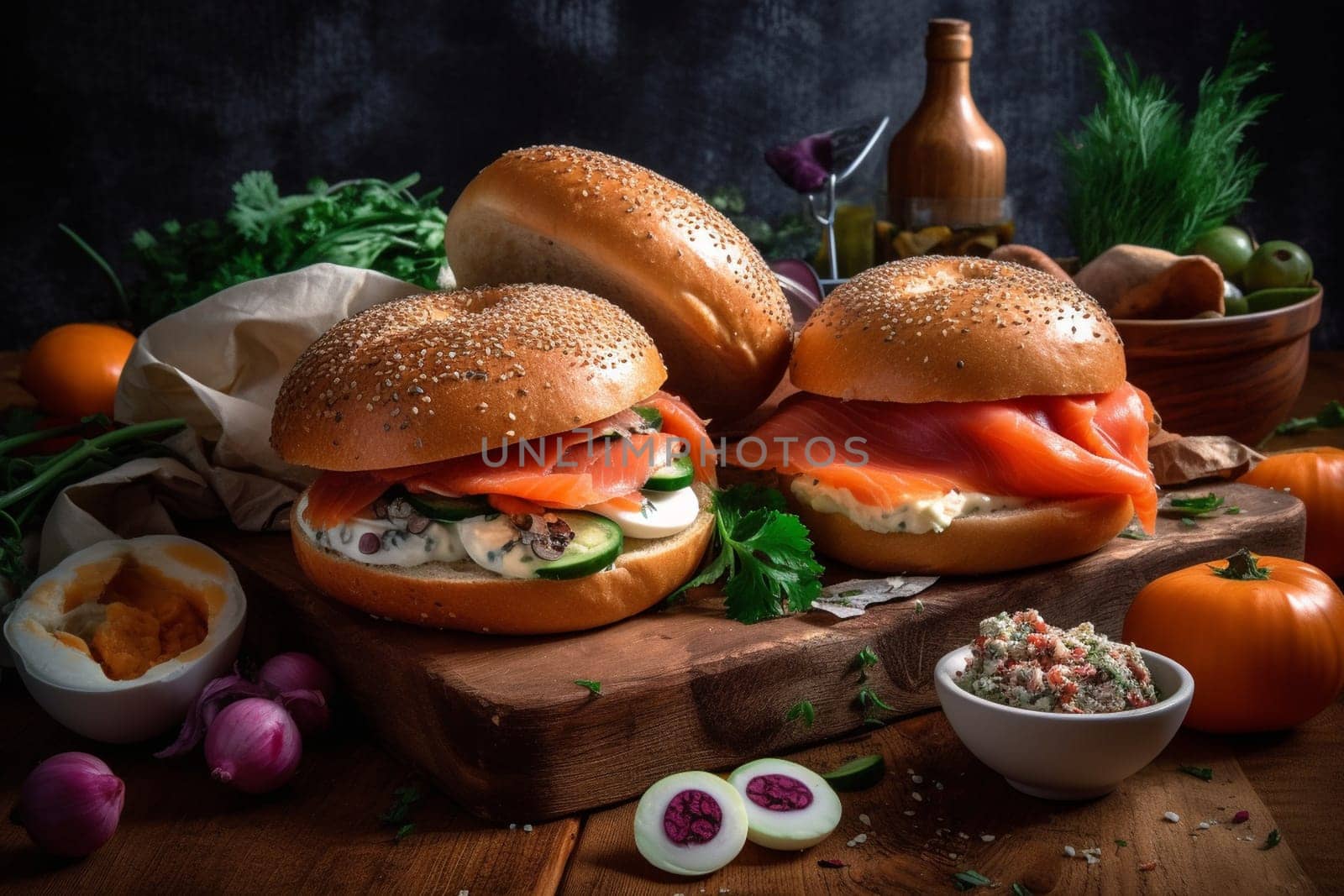 Traditional bagel and lox on a Sunday morning (generative AI)
