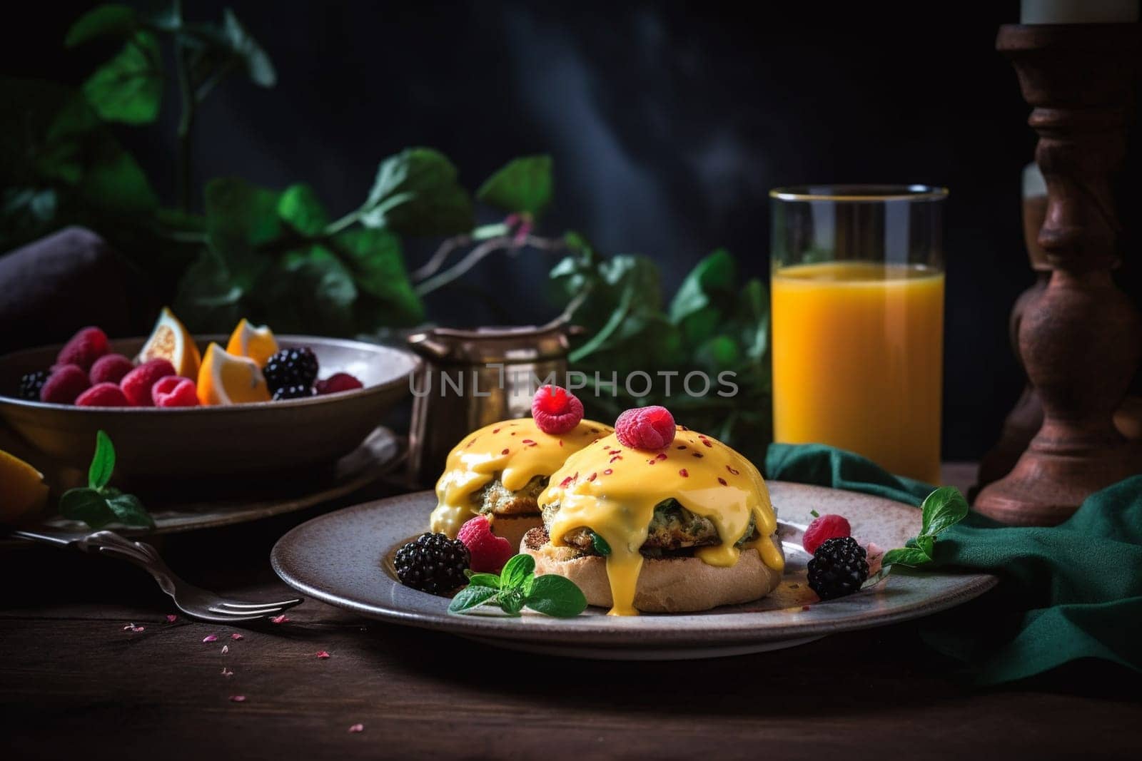 Hearty eggs benedict on a farmhouse porch (generative AI)