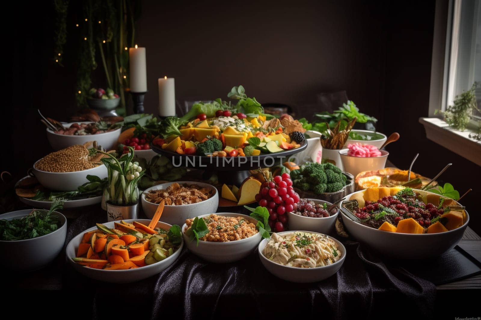 Enjoy a vegan buffet at a scenic wedding reception by the lake (generative AI)