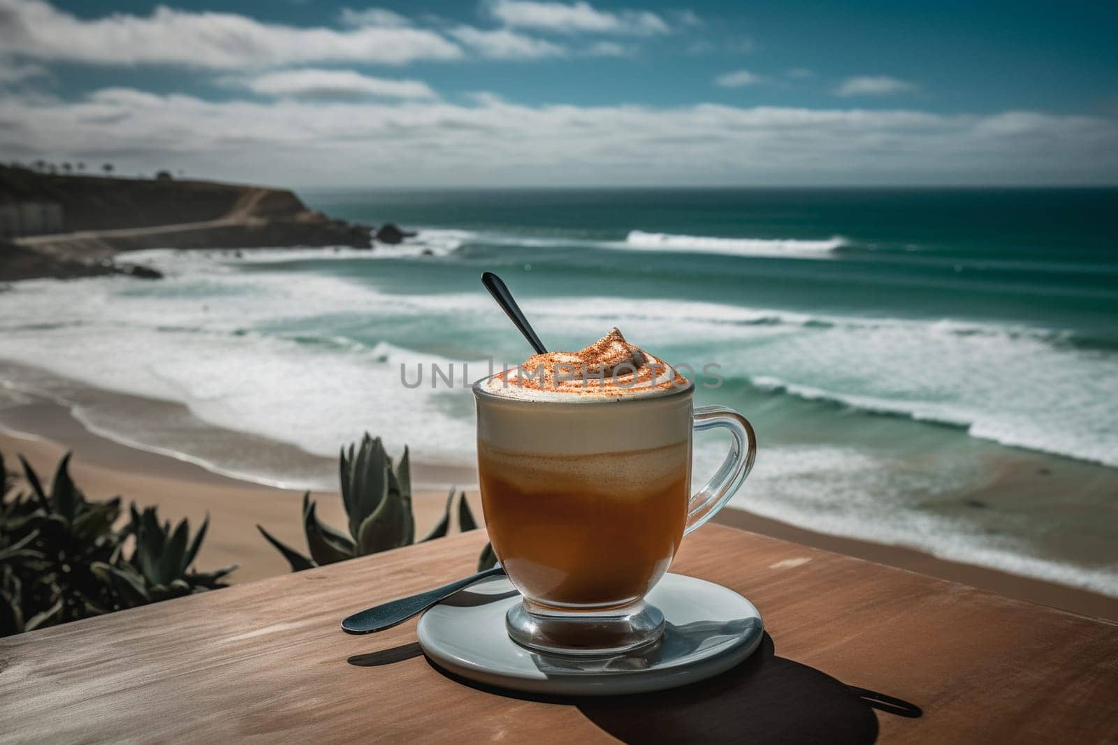 Frothy latte with a view of the ocean (generative AI)