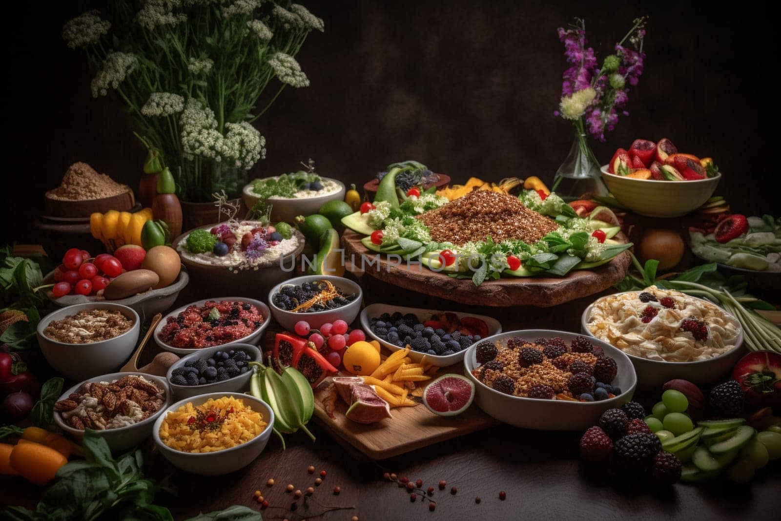 Enjoy a vegan buffet at a scenic wedding reception by the lake (generative AI)