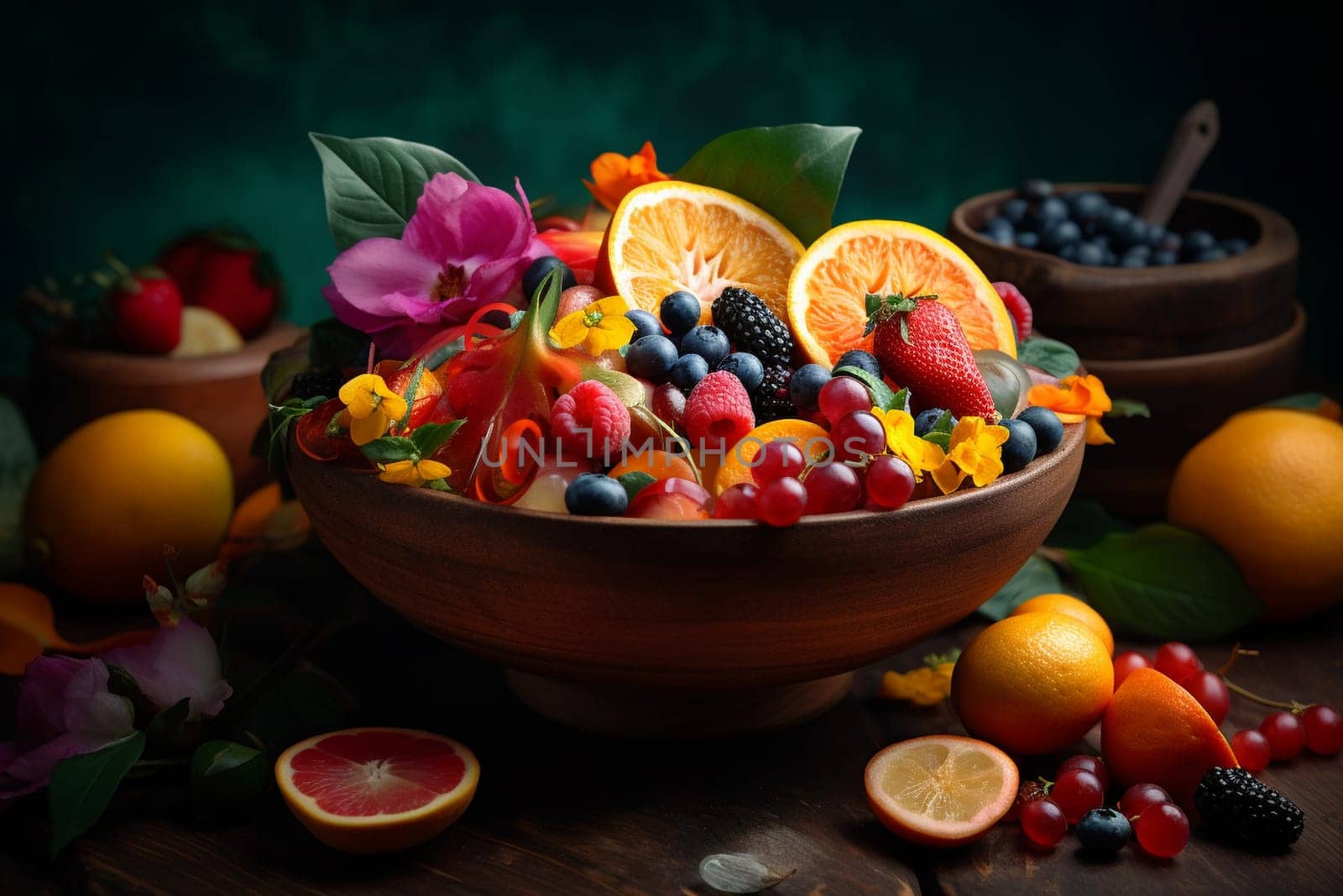 Vibrant fruit bowl on a patio (generative AI)