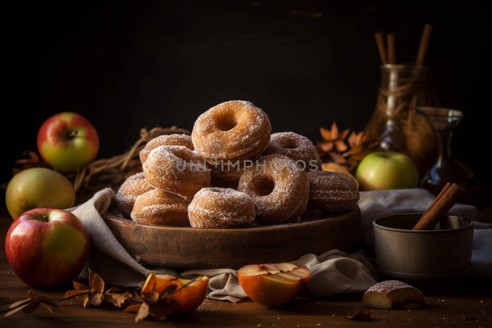 Freshly fried donuts bursting with warm apple cider flavor, topped with cinnamon sugar coating (generative AI)