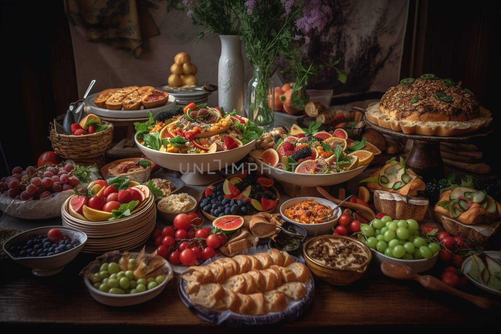 Enjoy a vegan buffet at a scenic wedding reception by the lake (generative AI)