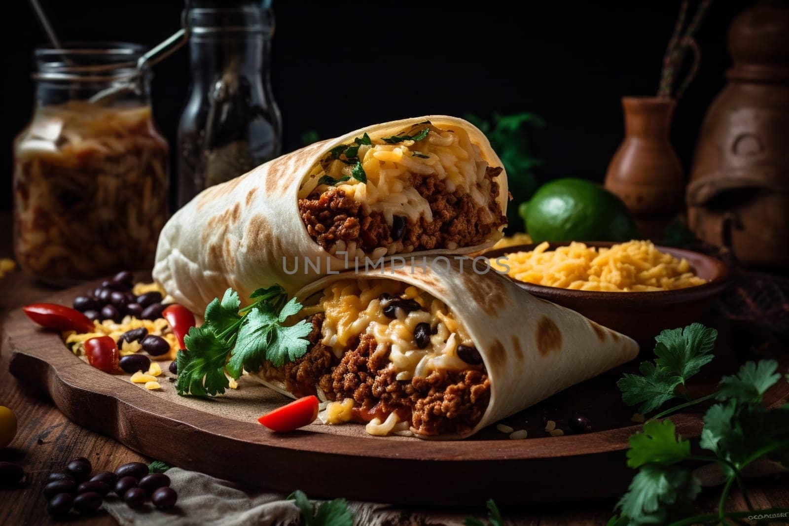 A flour tortilla filled with scrambled eggs, sausage, and cheese (generative AI)
