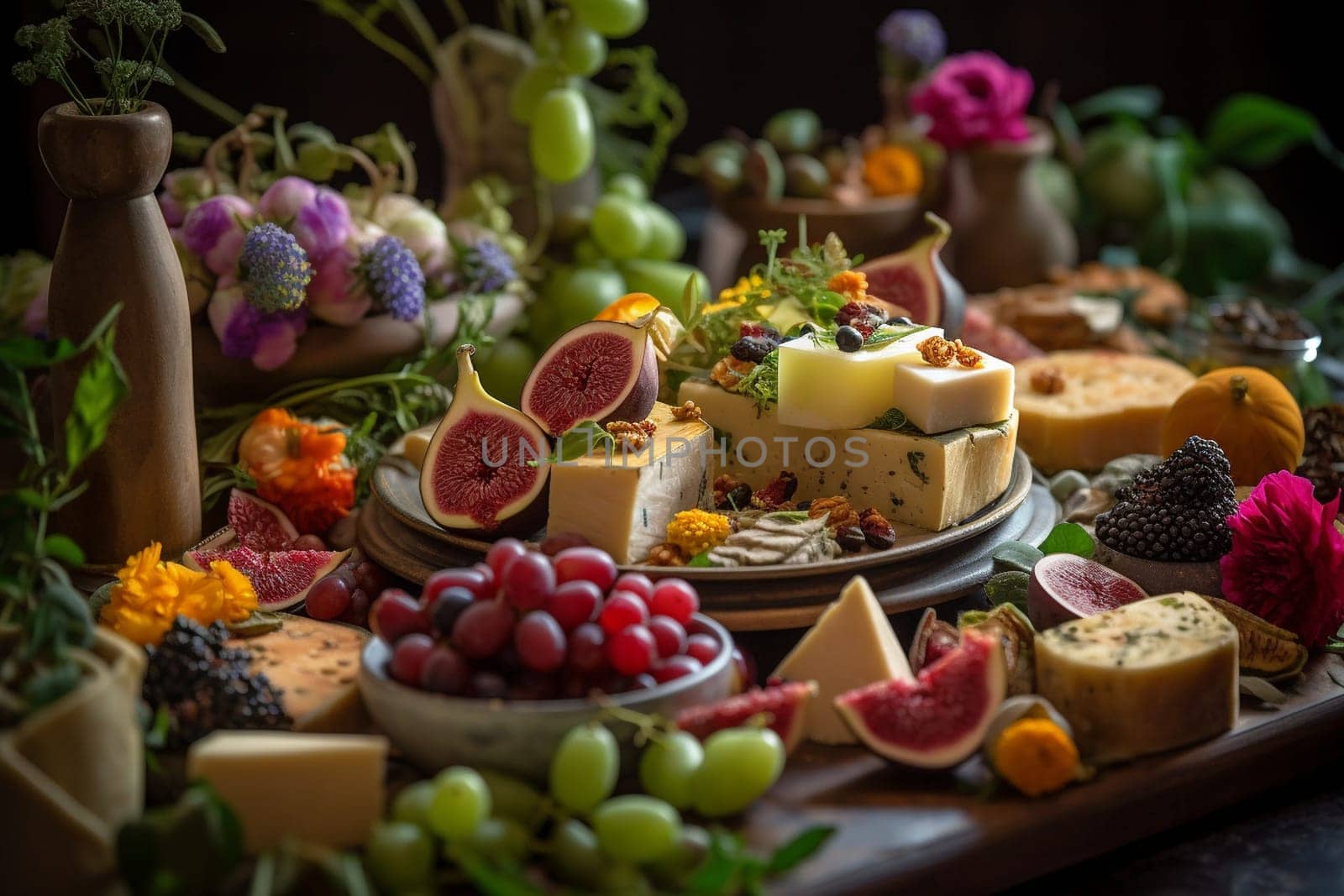 Enjoy a vegan buffet at a scenic wedding reception by the lake (generative AI)