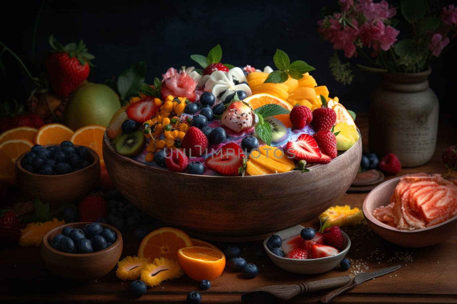 Vibrant fruit bowl on a patio (generative AI)