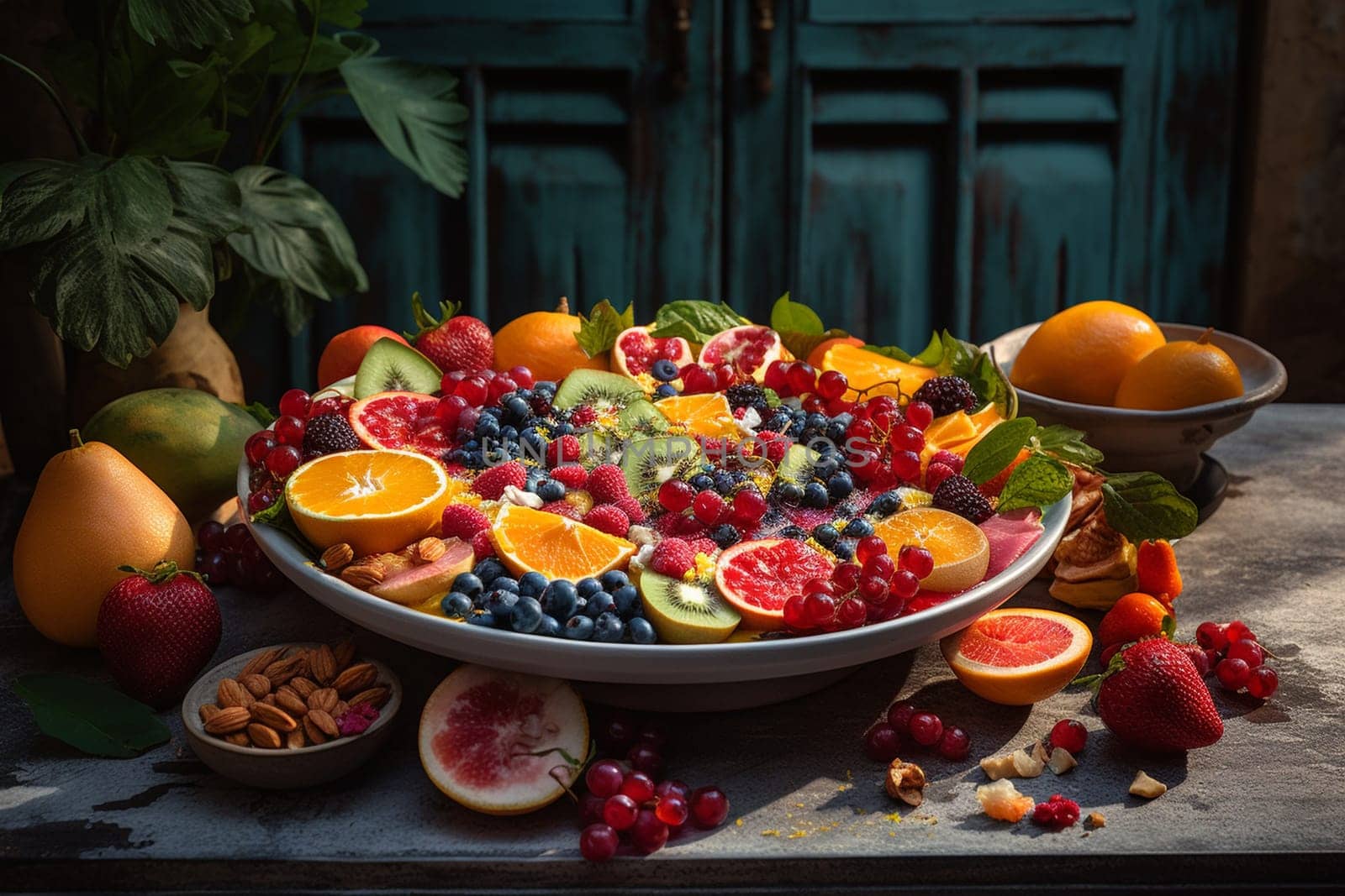 Vibrant fruit bowl on a patio (generative AI)