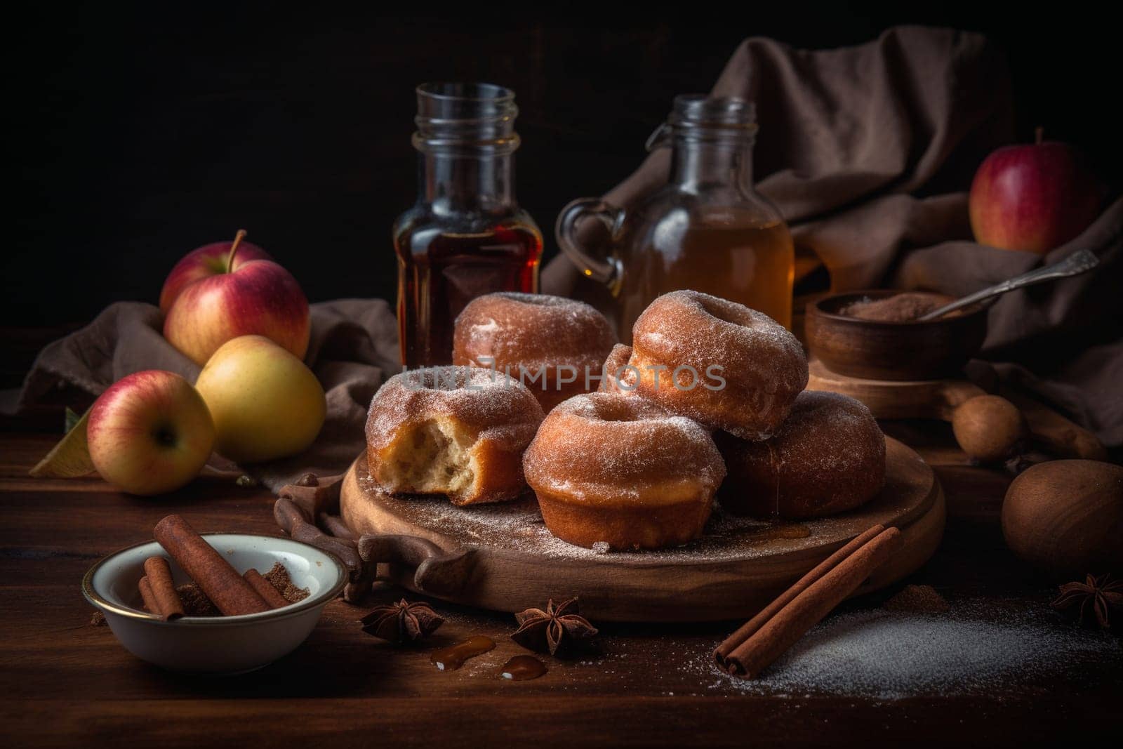 Freshly fried donuts bursting with warm apple cider flavor, topped with cinnamon sugar coating (generative AI)