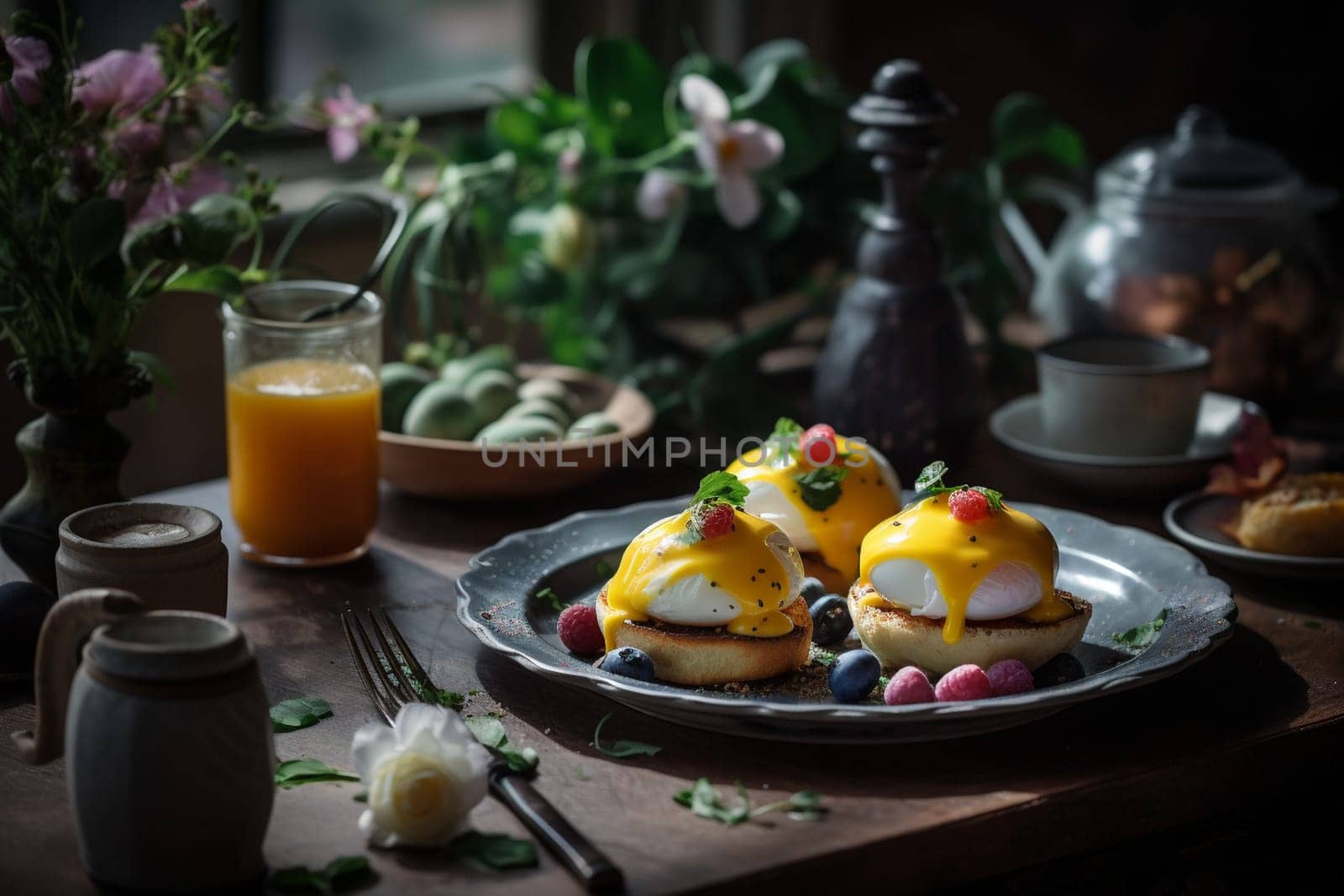 Hearty eggs benedict on a farmhouse porch (generative AI)