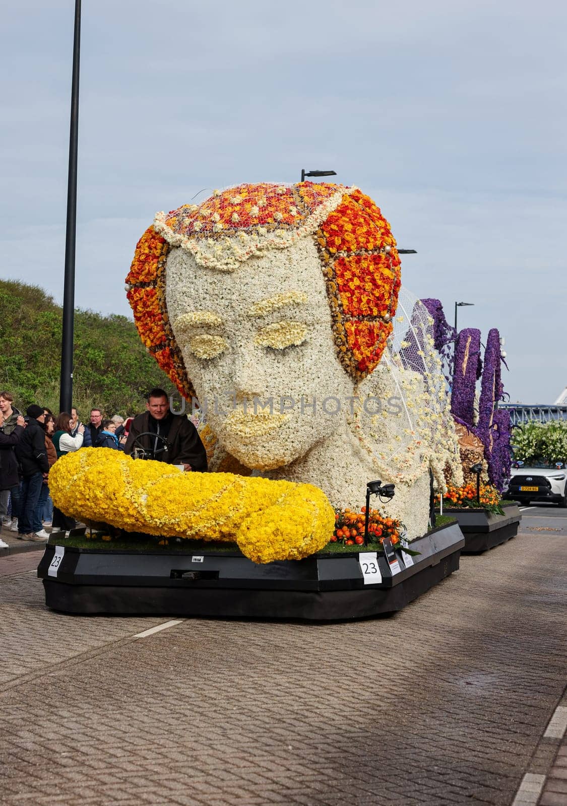 Noordwijk, Netherlands - April 22, 2023: The traditional flowers parade Bloemencorso from Noordwijk to Haarlem in the Netherlands.