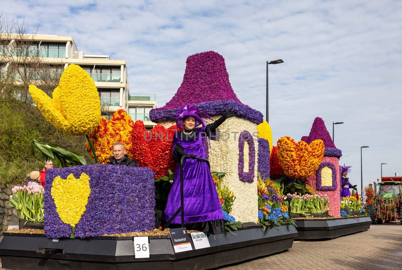 Noordwijk, Netherlands - April 22, 2023: The traditional flowers parade Bloemencorso from Noordwijk to Haarlem in the Netherlands.