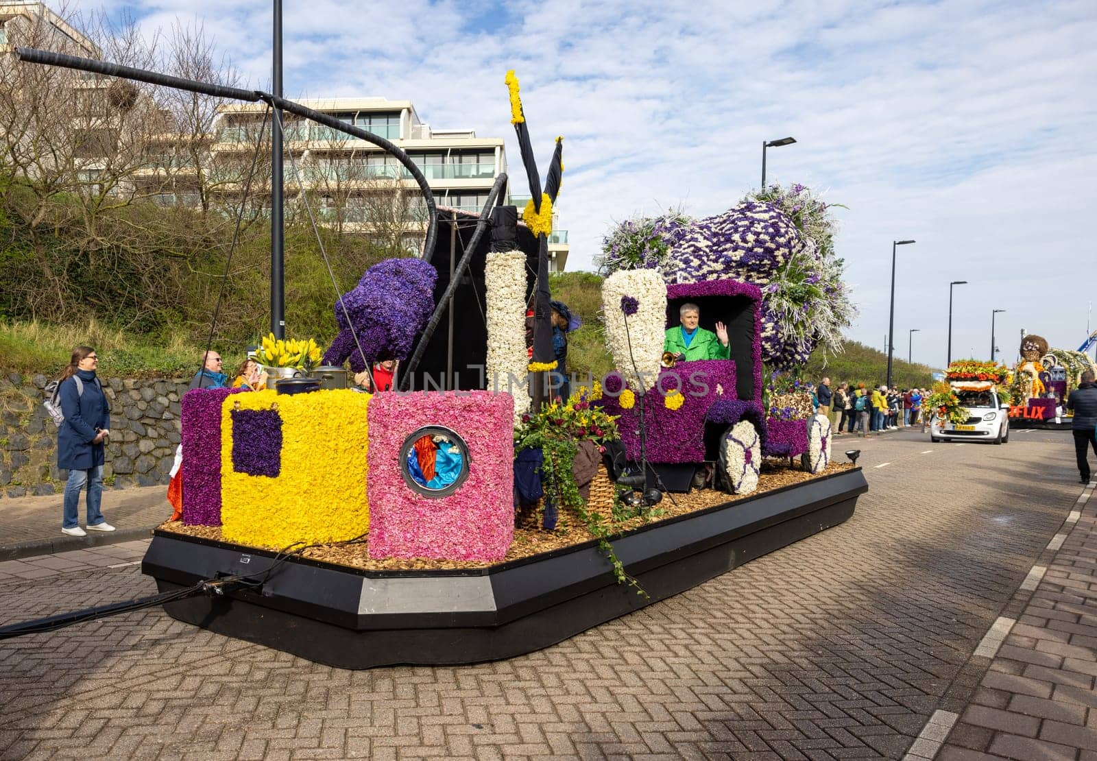 Noordwijk, Netherlands - April 22, 2023: The traditional flowers parade Bloemencorso from Noordwijk to Haarlem in the Netherlands.