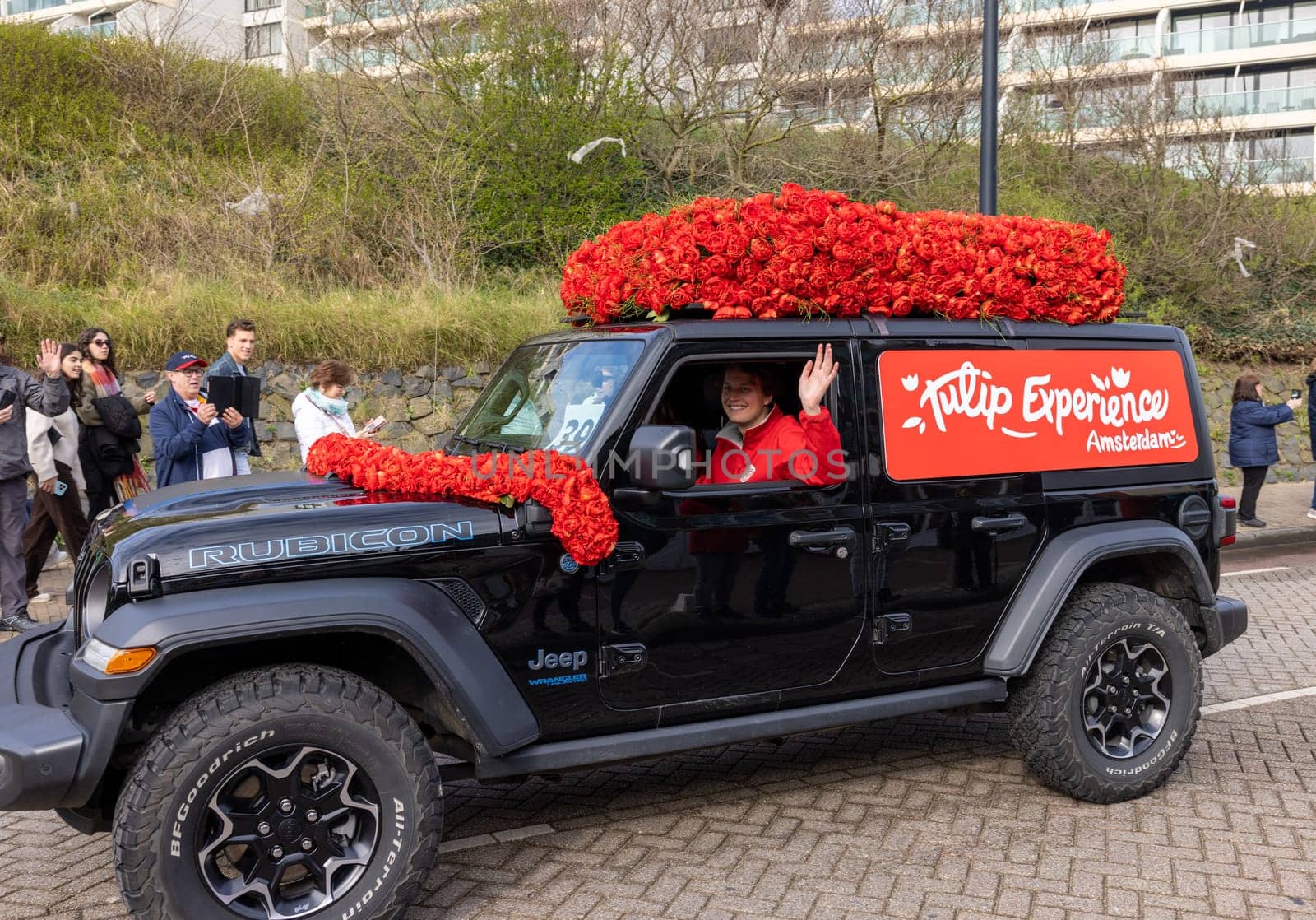 Noordwijk, Netherlands - April 22, 2023: The traditional flowers parade Bloemencorso from Noordwijk to Haarlem in the Netherlands.