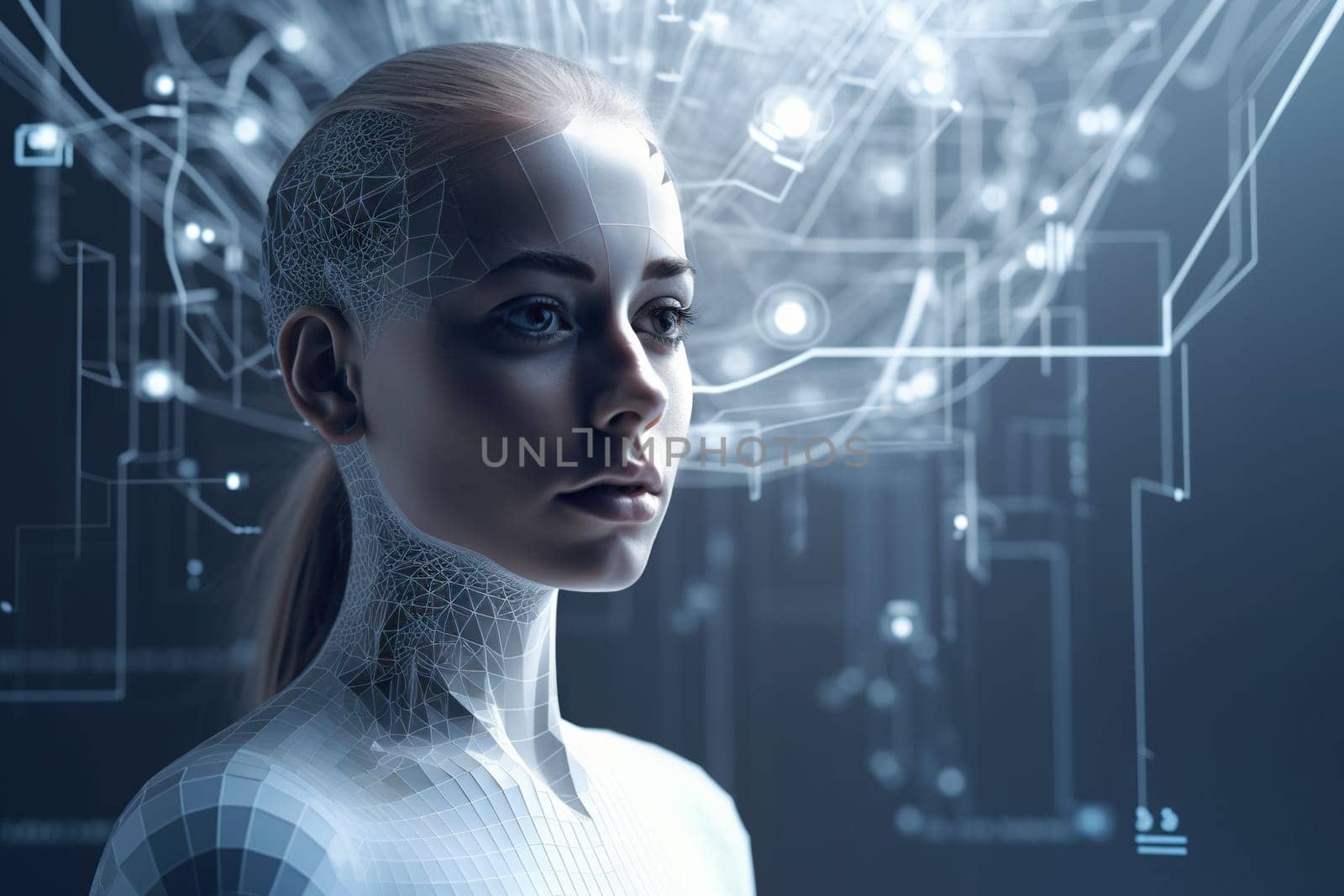 robot with a feminine appearance against blurred technical background - Generative AI