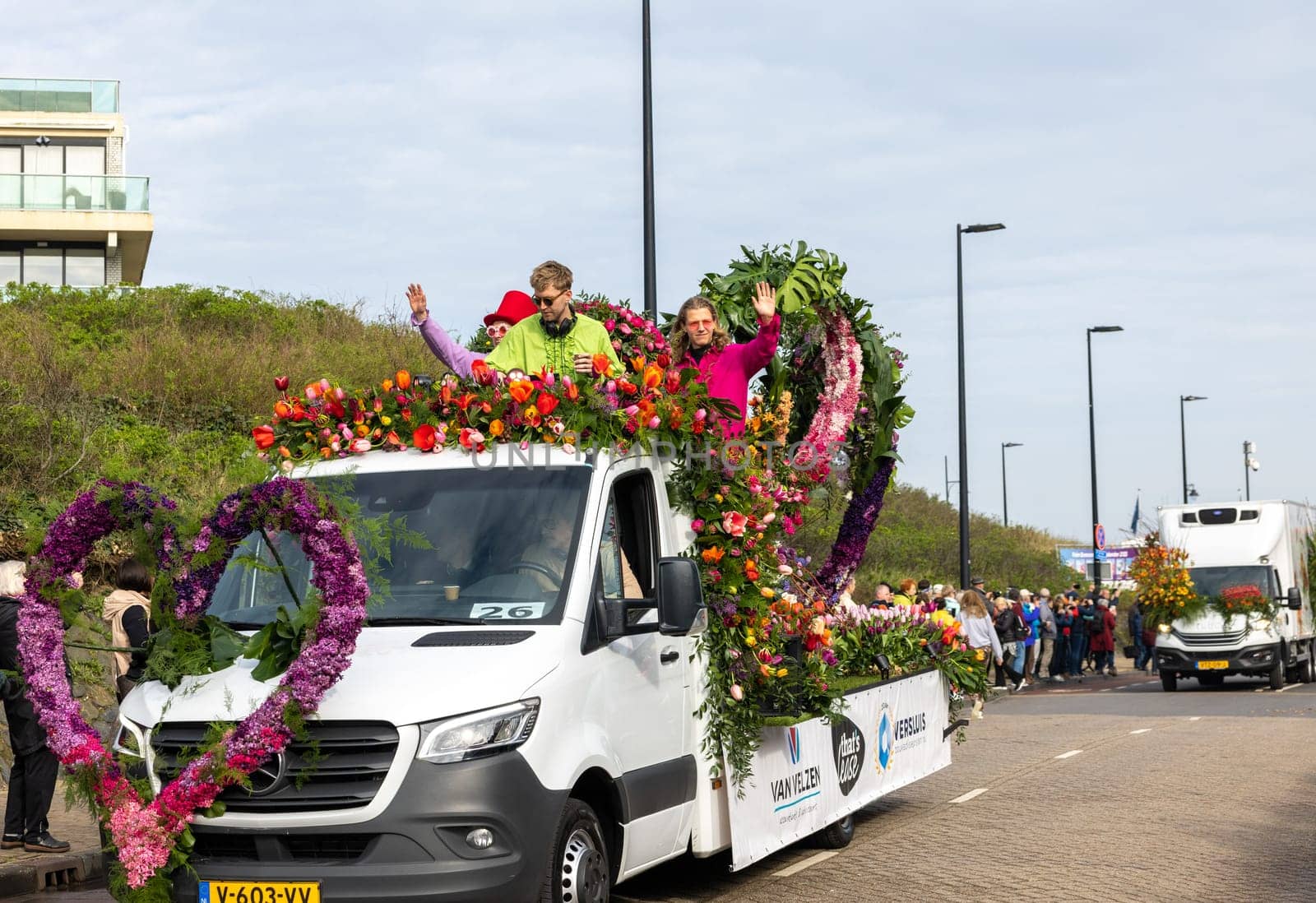 Noordwijk, Netherlands - April 22, 2023: The traditional flowers parade Bloemencorso from Noordwijk to Haarlem in the Netherlands.