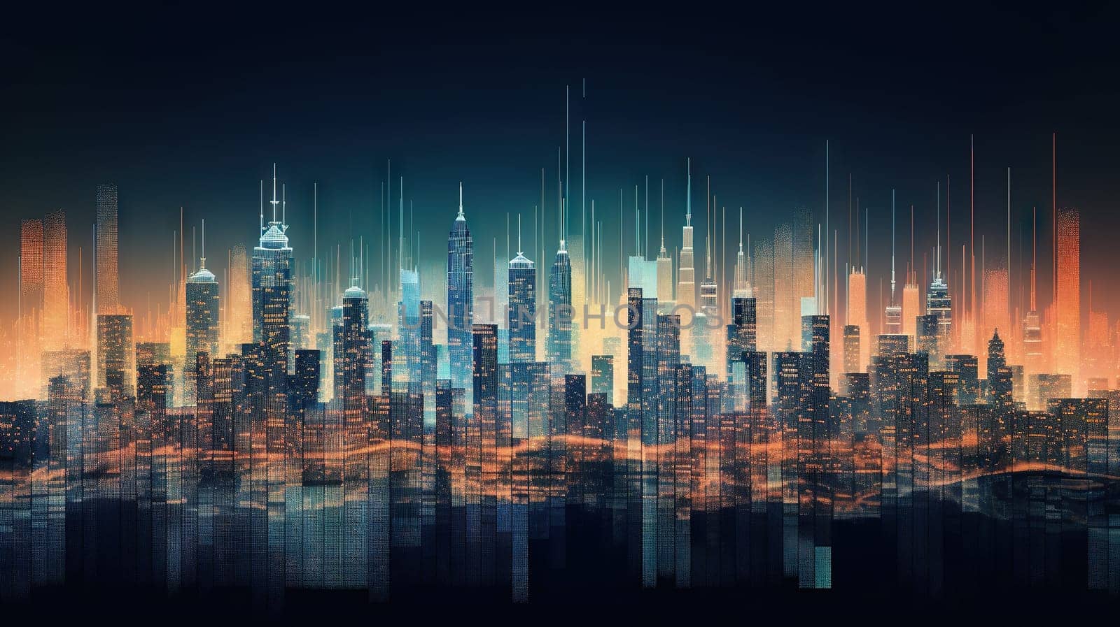 Night panorama of a modern city, neon light, lights of a large metropolis, high-rise buildings, generative AI, AI generated