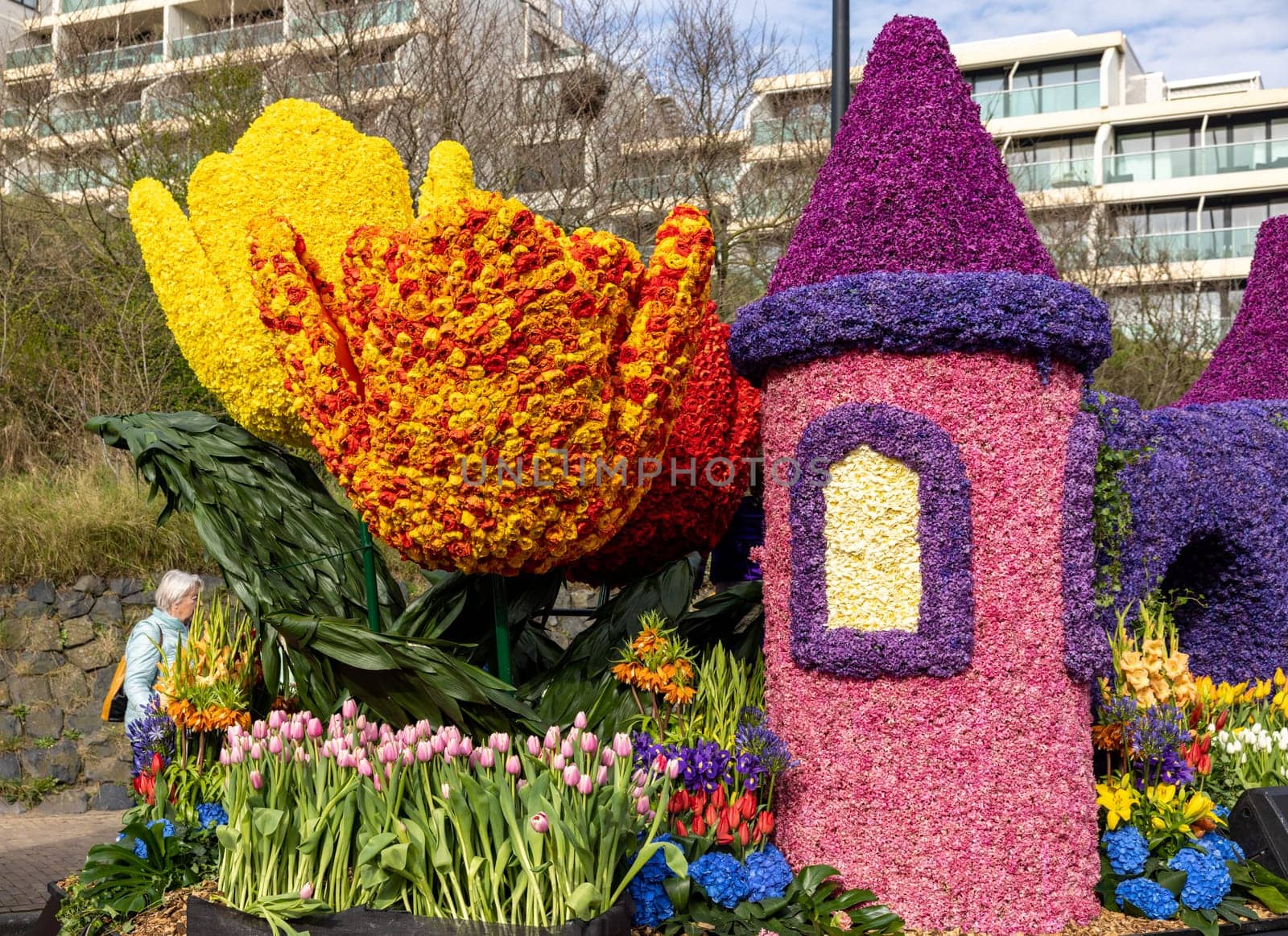 Noordwijk, Netherlands - April 22, 2023: The traditional flowers parade Bloemencorso from Noordwijk to Haarlem in the Netherlands.