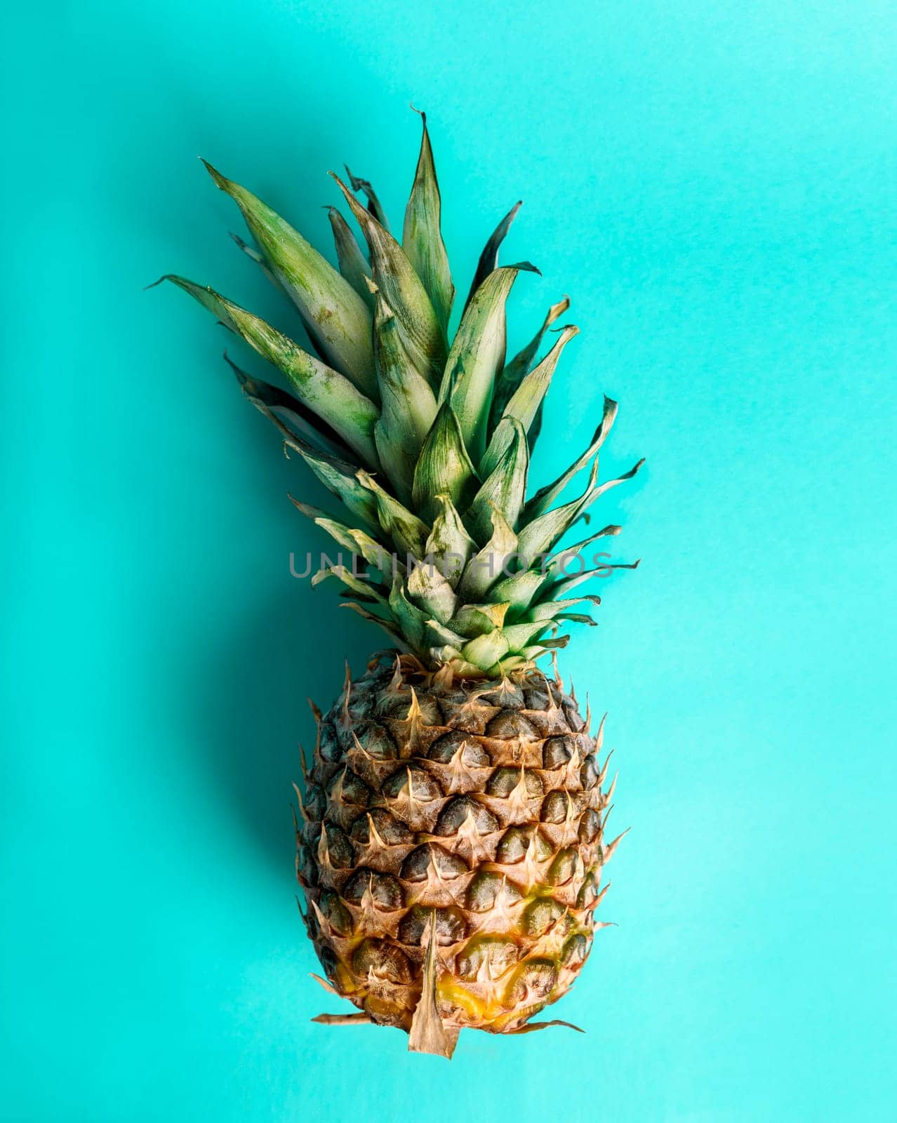 Top view of pineapple on retro bright blue background. Trendy summer smoothie tropical design overhead. Vivid pastel layout with ananas fruit from above. Creative exotic food.