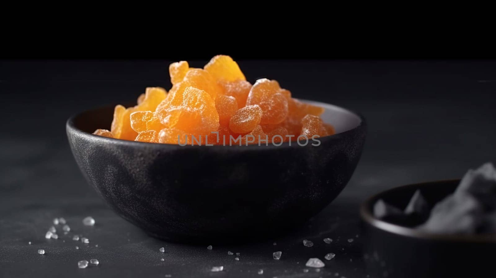 Candied ginger in black bowl, against dark background, , Generative AI, AI generated