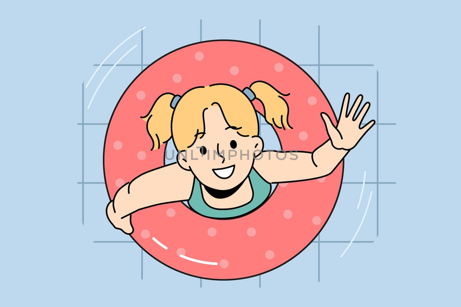 Cute little girl swimming in pool in round floating lifebuoy. Happy child have fun swim in life preserver enjoy summer holidays. Vector illustration.