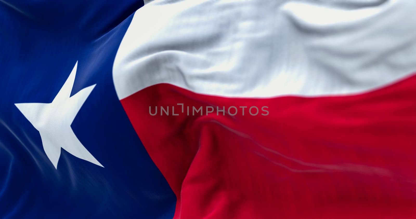 The Texas state flag fluttering in the wind. Blue vertical stripe with white star, white and red horizontal stripes. 3D illustration render. Close-up. Fluttering fabric background