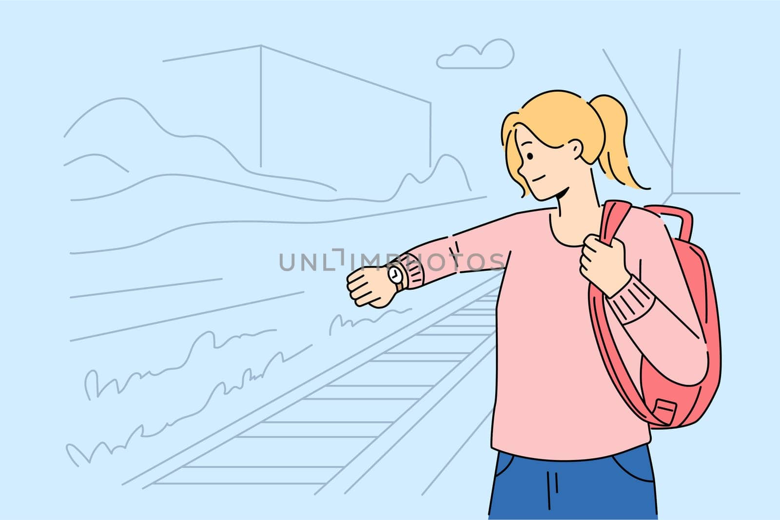 Anxious woman stand on platform on railway station check time on wristwatch. Worried girl look at watch on hand frustrated with train late. Commuting and transportation. Vector illustration.