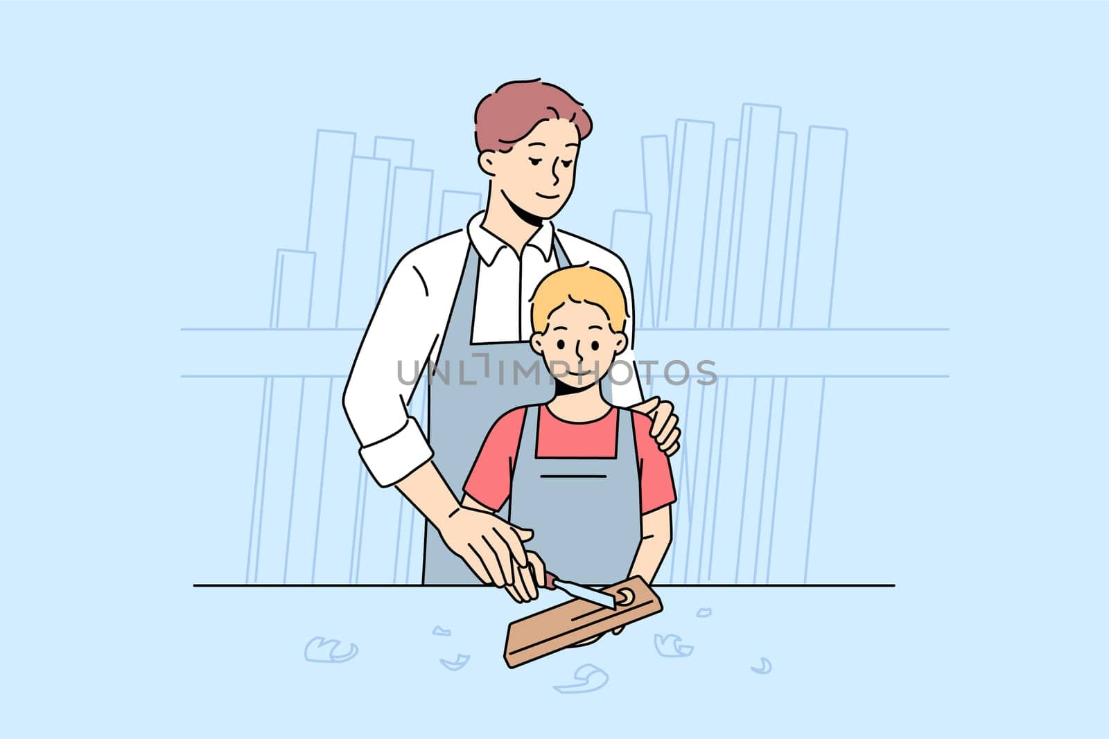 Caring father teach son carpentry in workshop. Loving dad and little boy child engaged in artisan and woodwork. Hobby and leisure. Vector illustration.