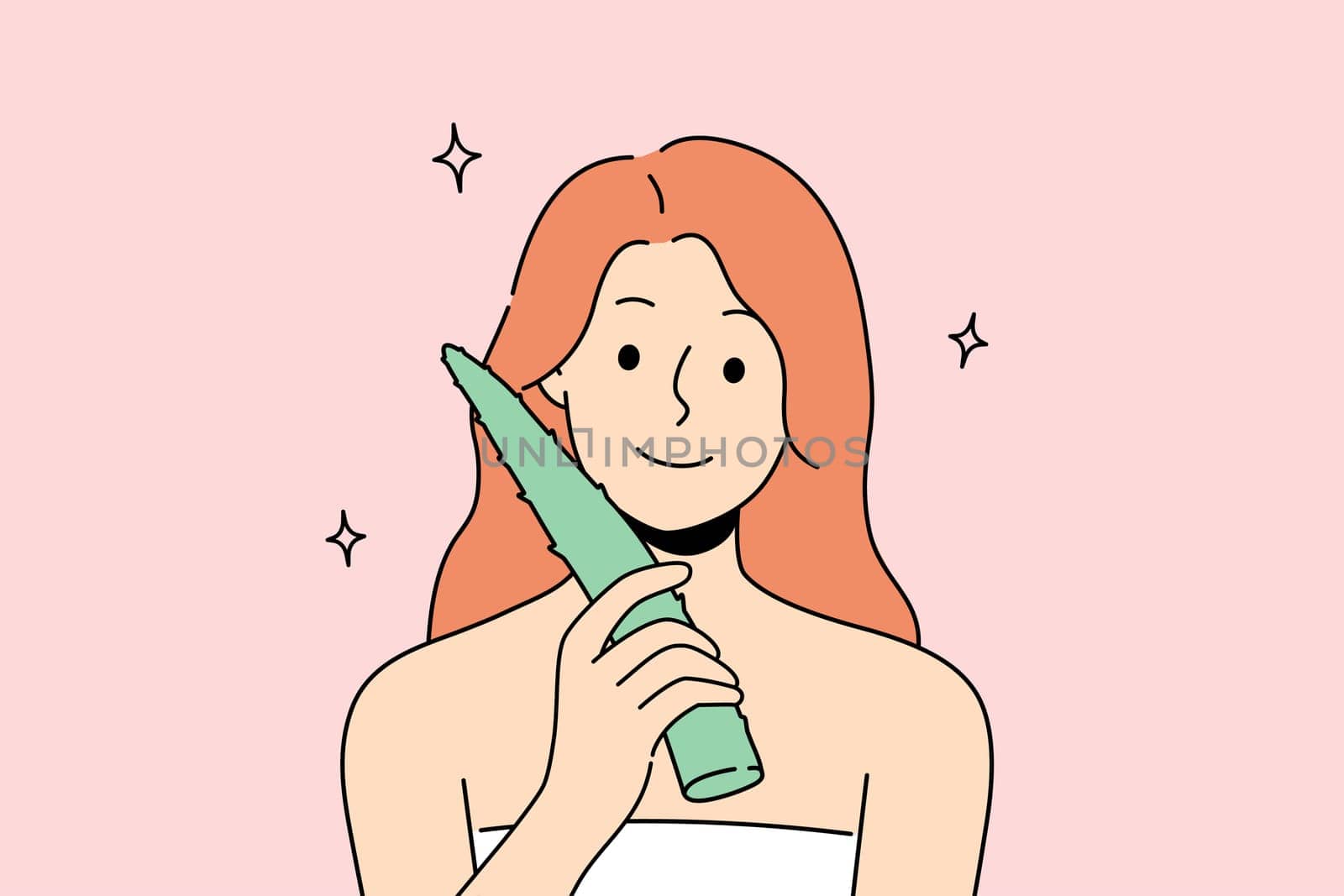 Smiling woman in bath towel hold fresh aloe vera leaf for skin care. Happy girl use organic product for healthy glowing face skin. Skincare. Vector illustration.
