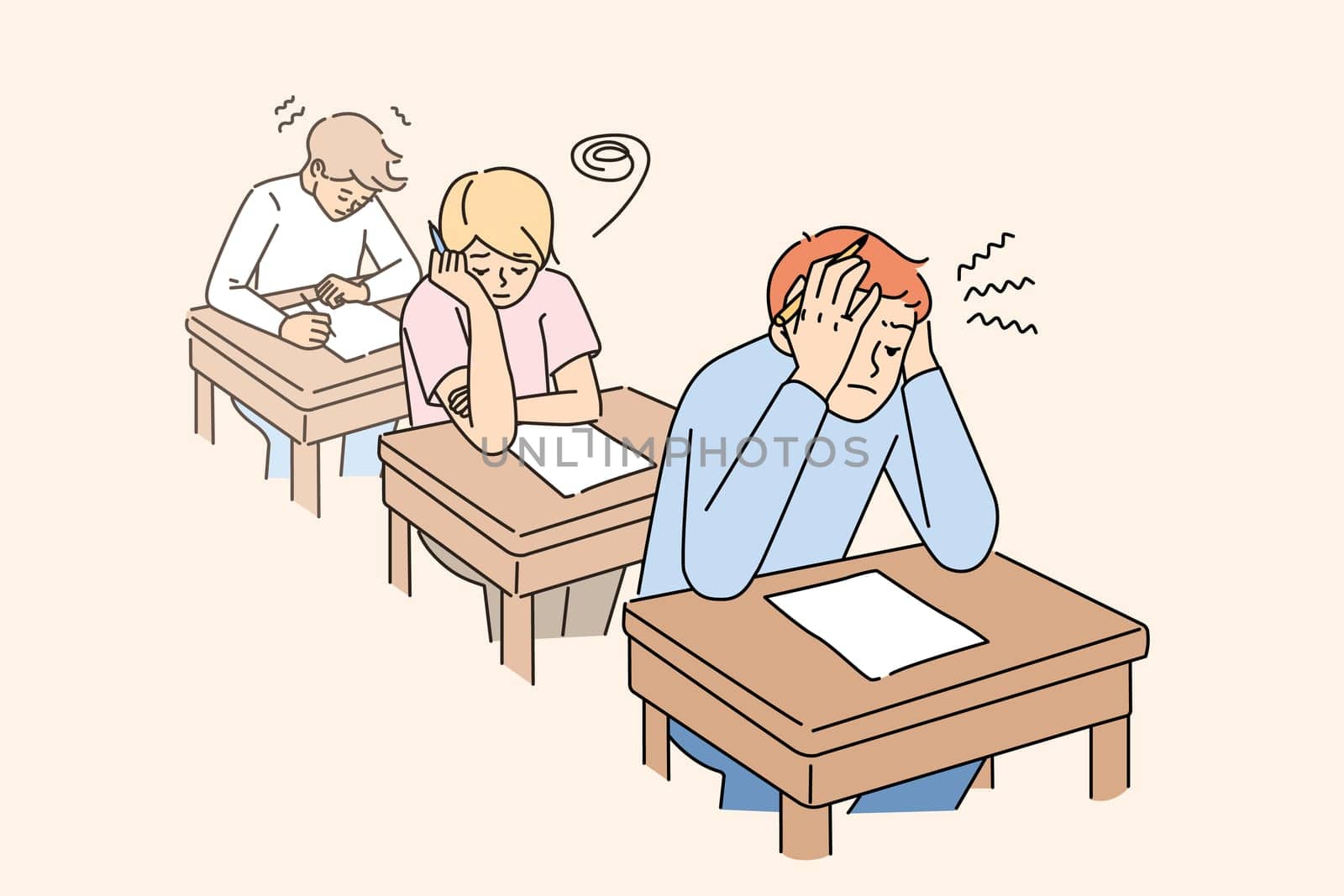 Anxious students sitting at desk in classroom writing test together. Worried pupils finish examination in classroom. Education and exam time. Vector illustration.