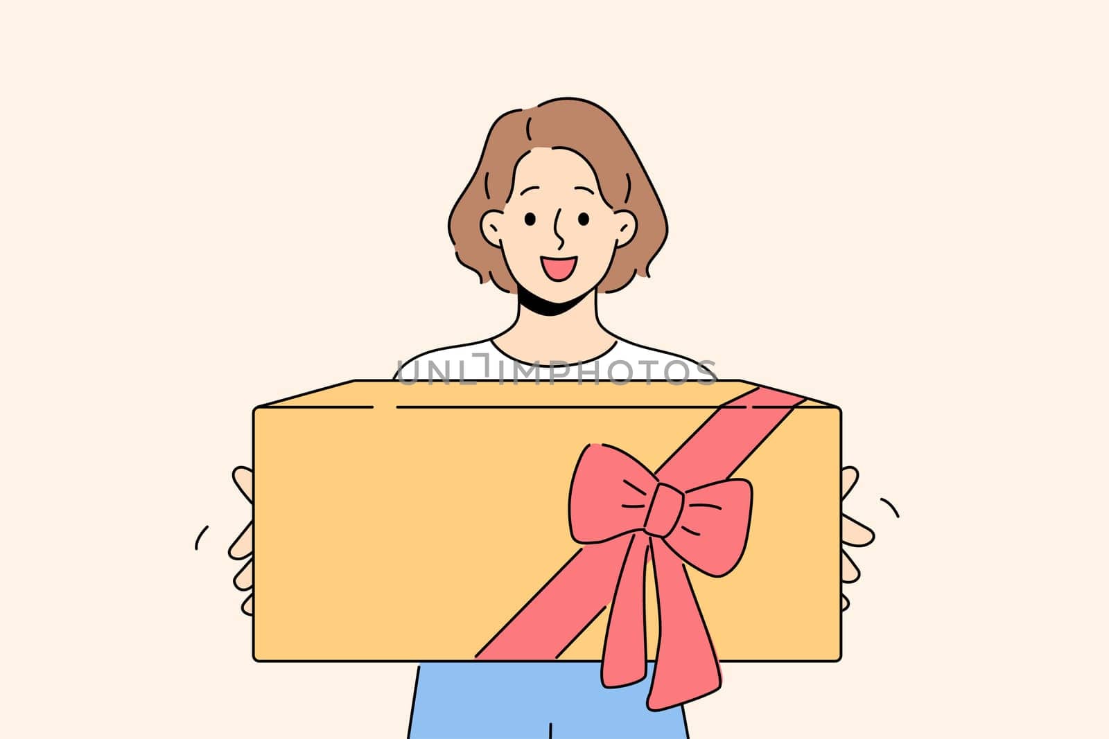 Smiling girl with wrapped box in hands celebrate birthday anniversary. Happy female teenager with giftbox with bow excited with present. Vector illustration.