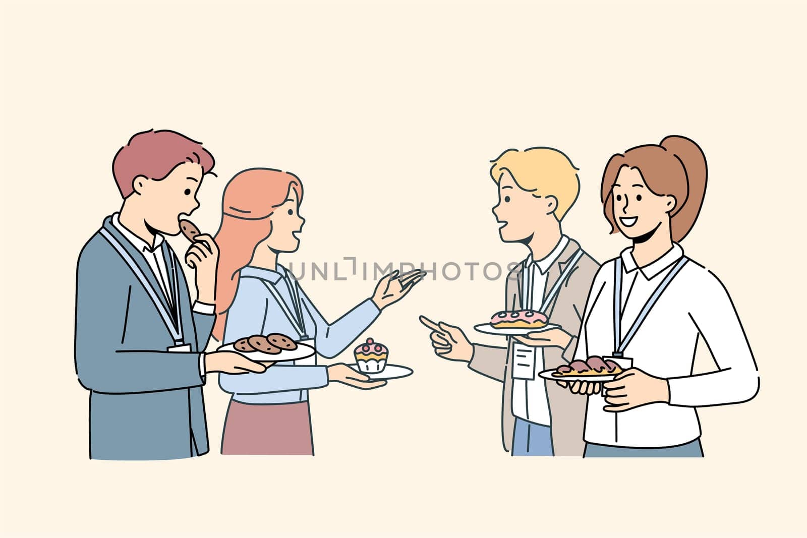 Smiling employees talk during coffee break at conference. Happy diverse businesspeople networking at lunch break at work seminar. Vector illustration.