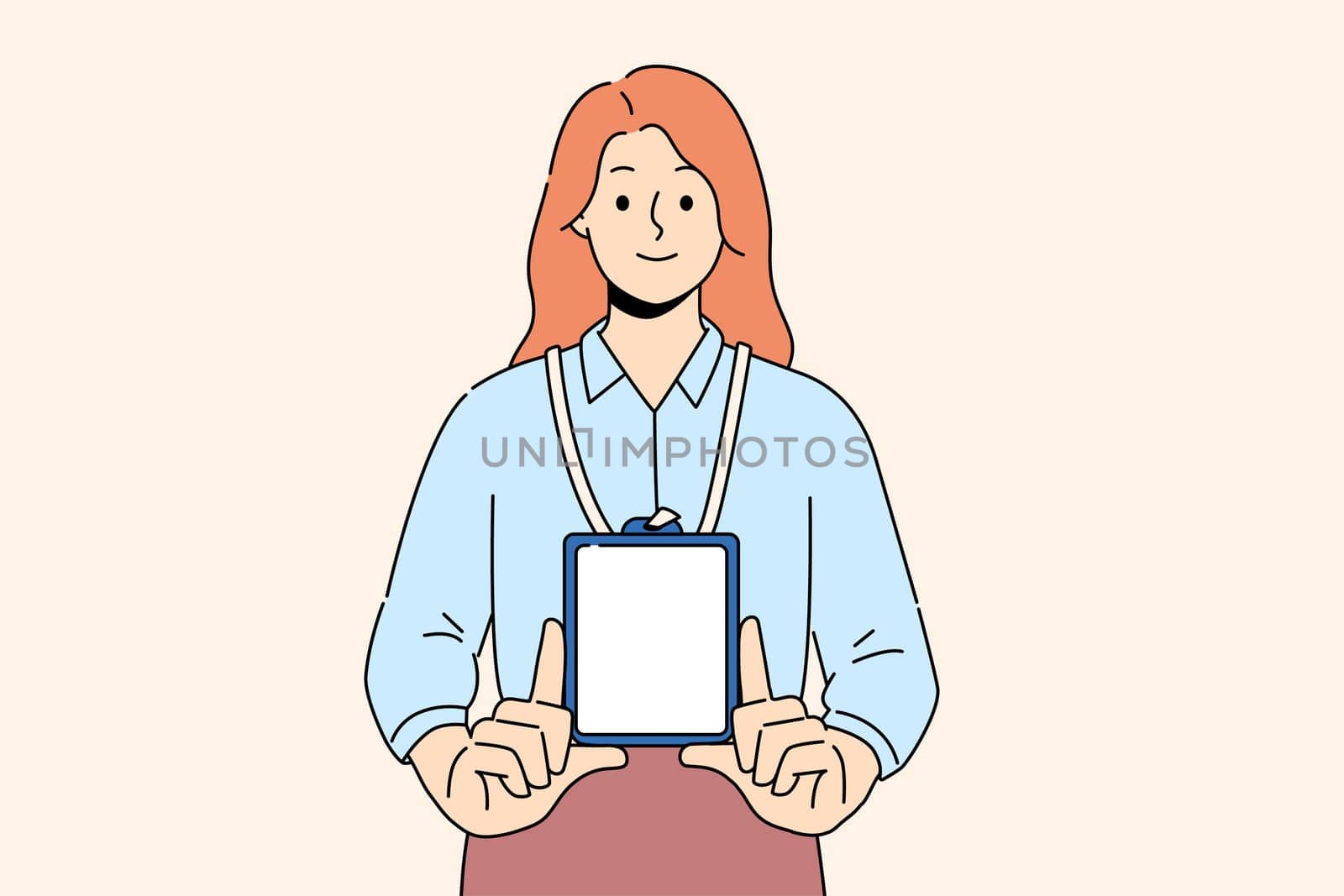 Smiling woman show mockup ID badge