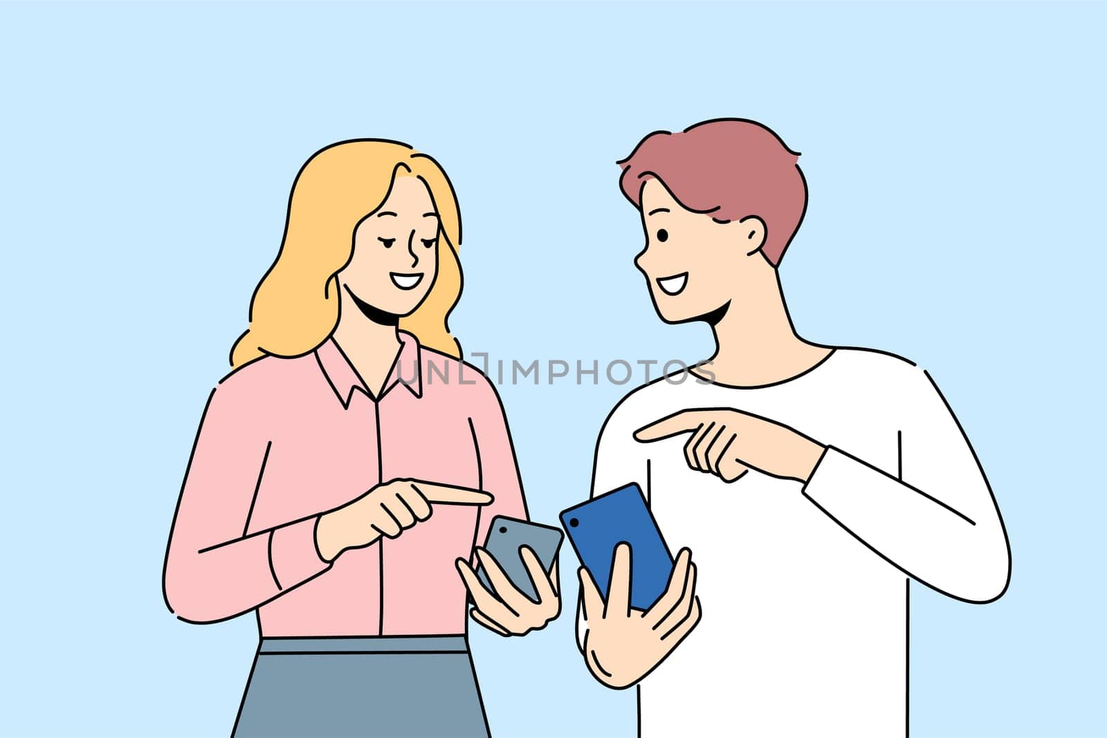 Smiling man and woman using cellphones share information. Happy couple with smartphones have fun browsing internet on gadgets. Vector illustration.