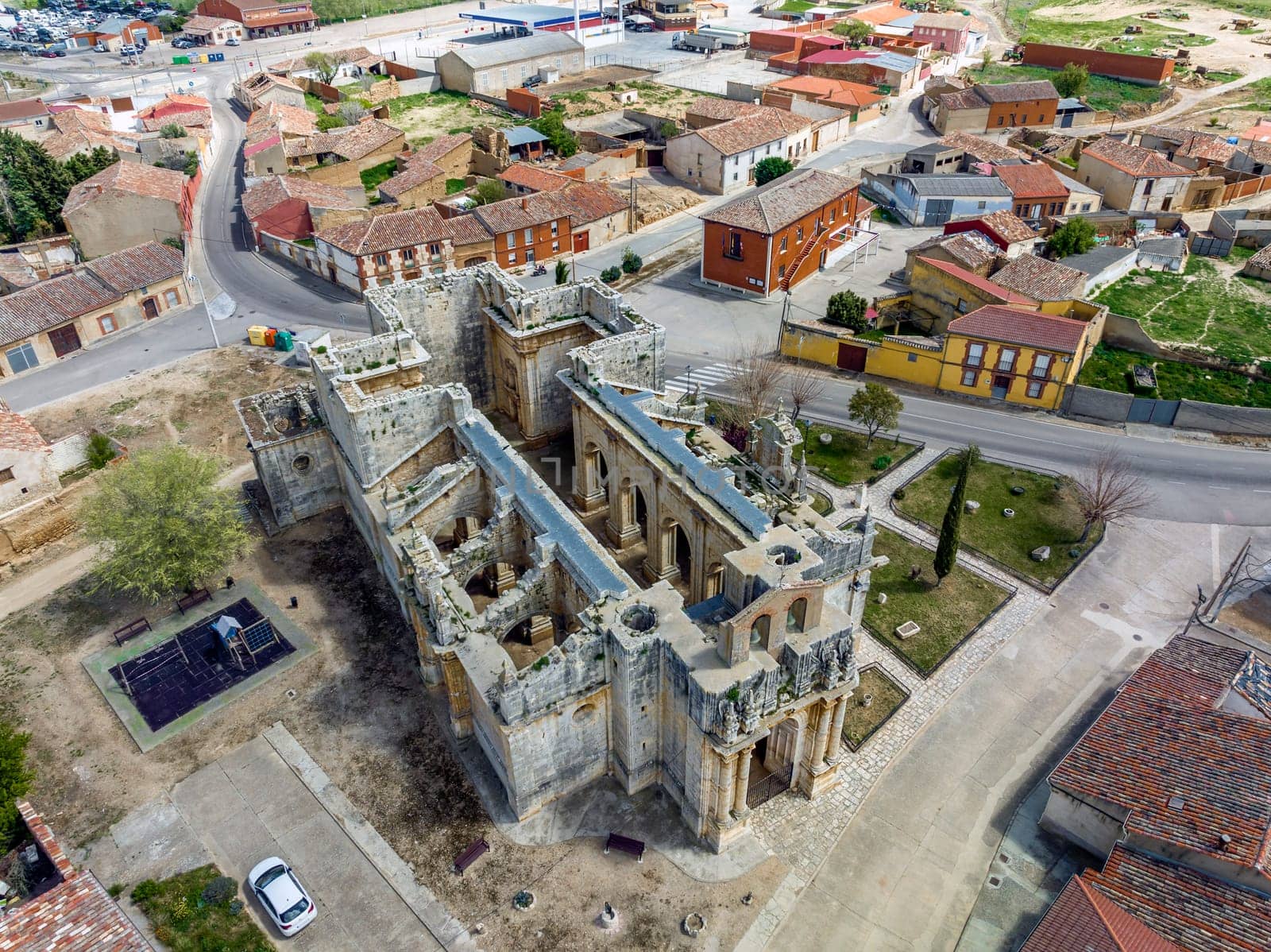 Aerial view of the Church of San Andres in Villardefrades Province of Valladolid Spain