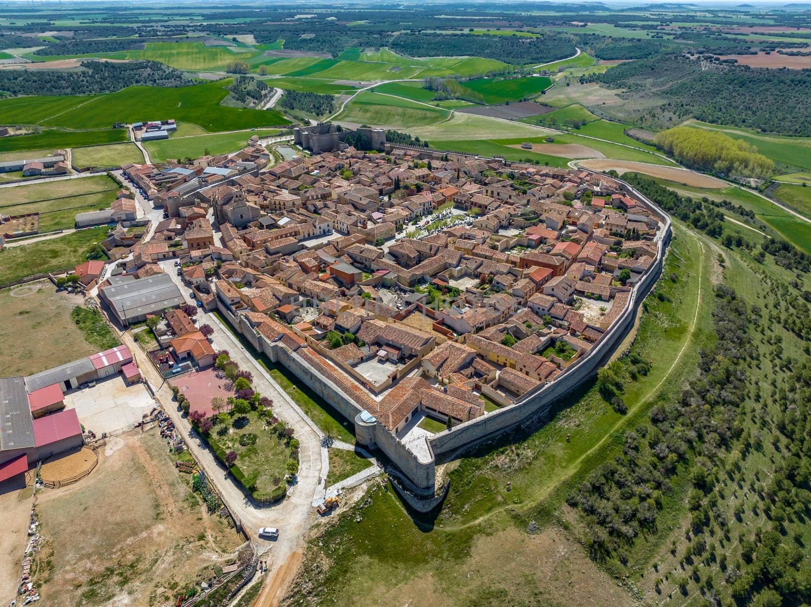 Panoramic aerial view of the medieval city of Uruena in Valladolid Spain west view