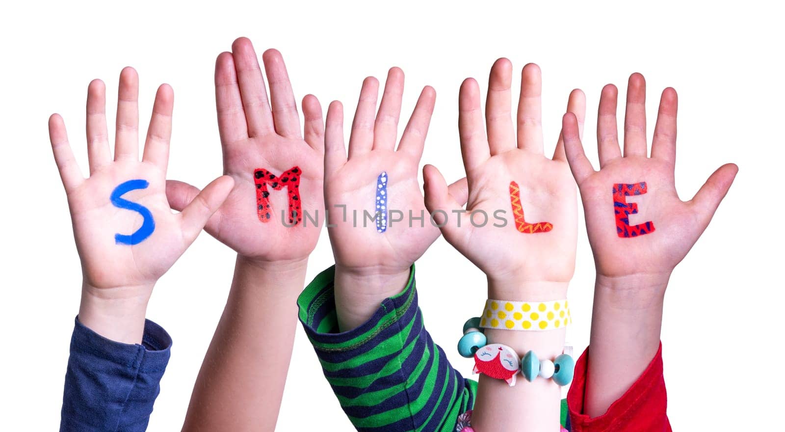 Children Hands Building Colorful English Word Smile. Isolated White Background.