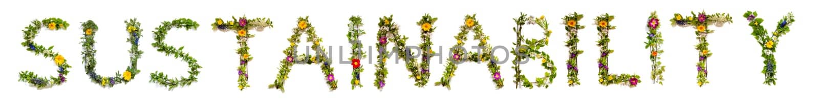 Colorful Flowers Building English Text Sustainability, Some Green And Some Spring Flowers on Isolated White Background, Symbolic Meaning, Quote