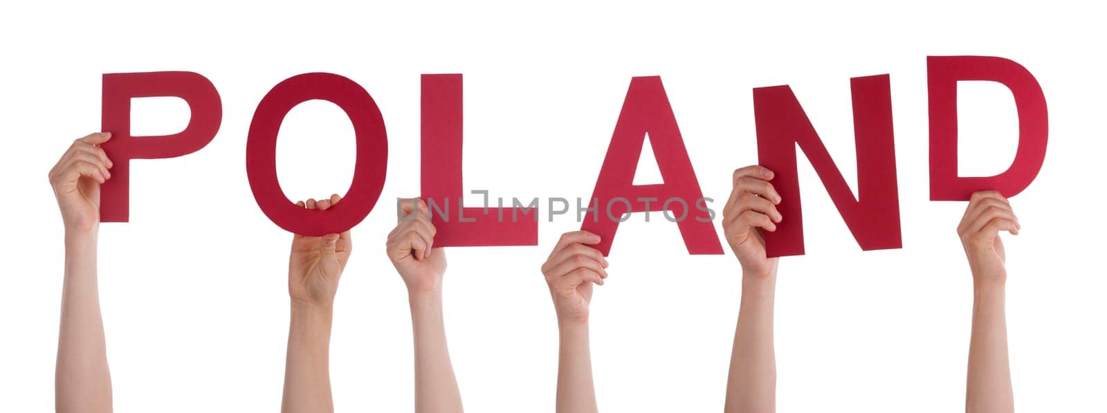 People Or Persons Hands Building English Word Poland. Isolated White Background.