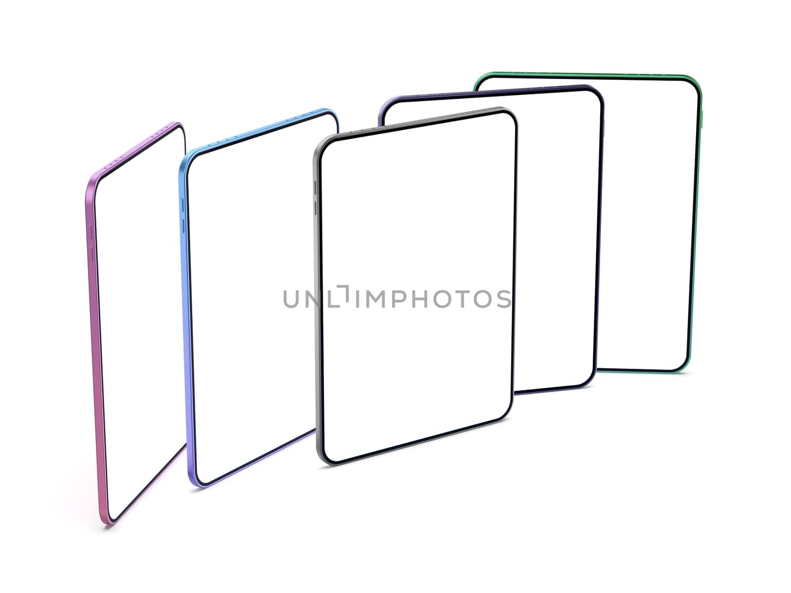 Five tablets with blank displays on white background