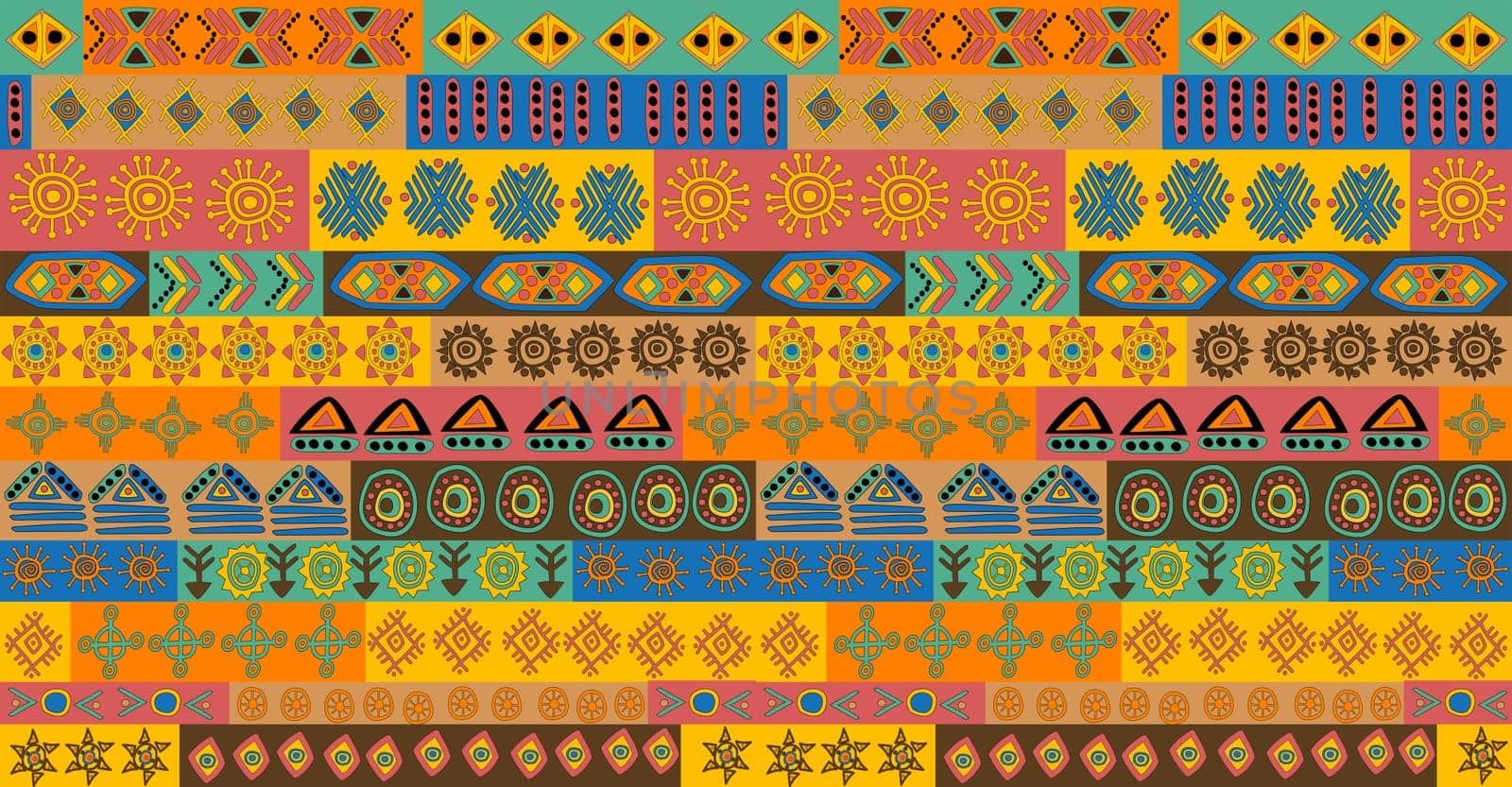 African seamless pattern with colored symbols and motifs