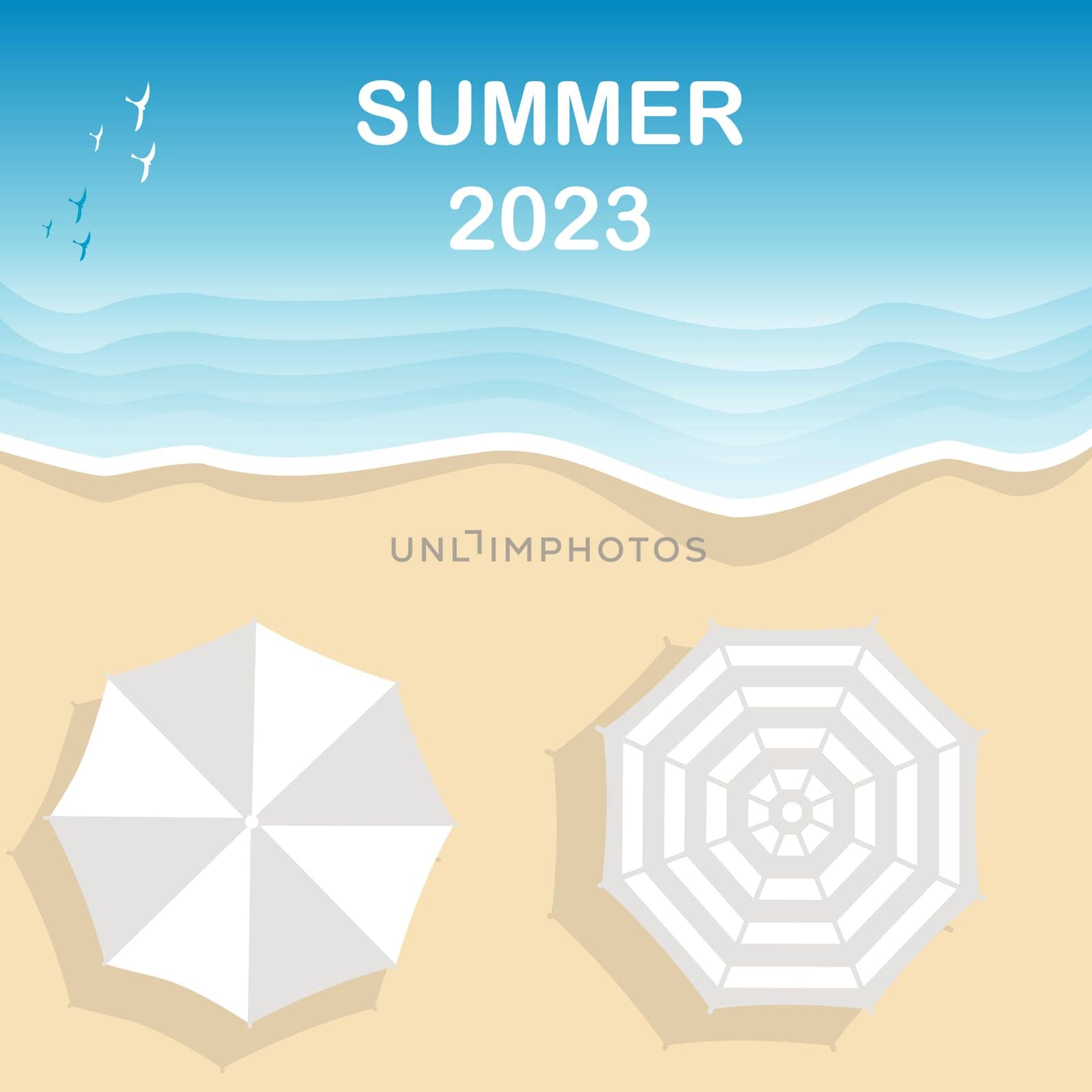 Summer 2023 poster background. Beach banner with two umbrellas