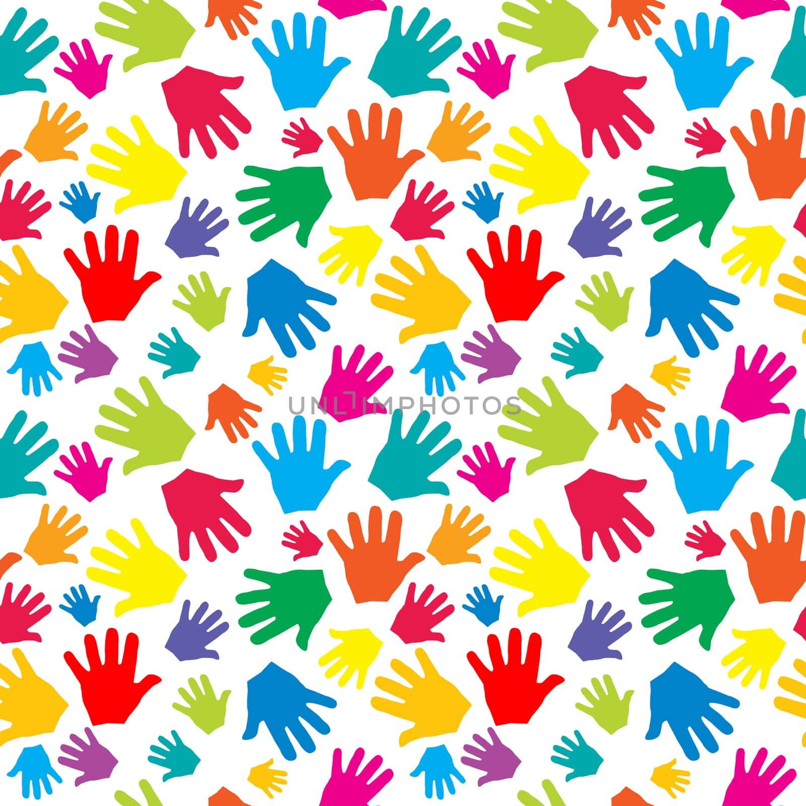 Seamless pattern with colored palms of children on white background