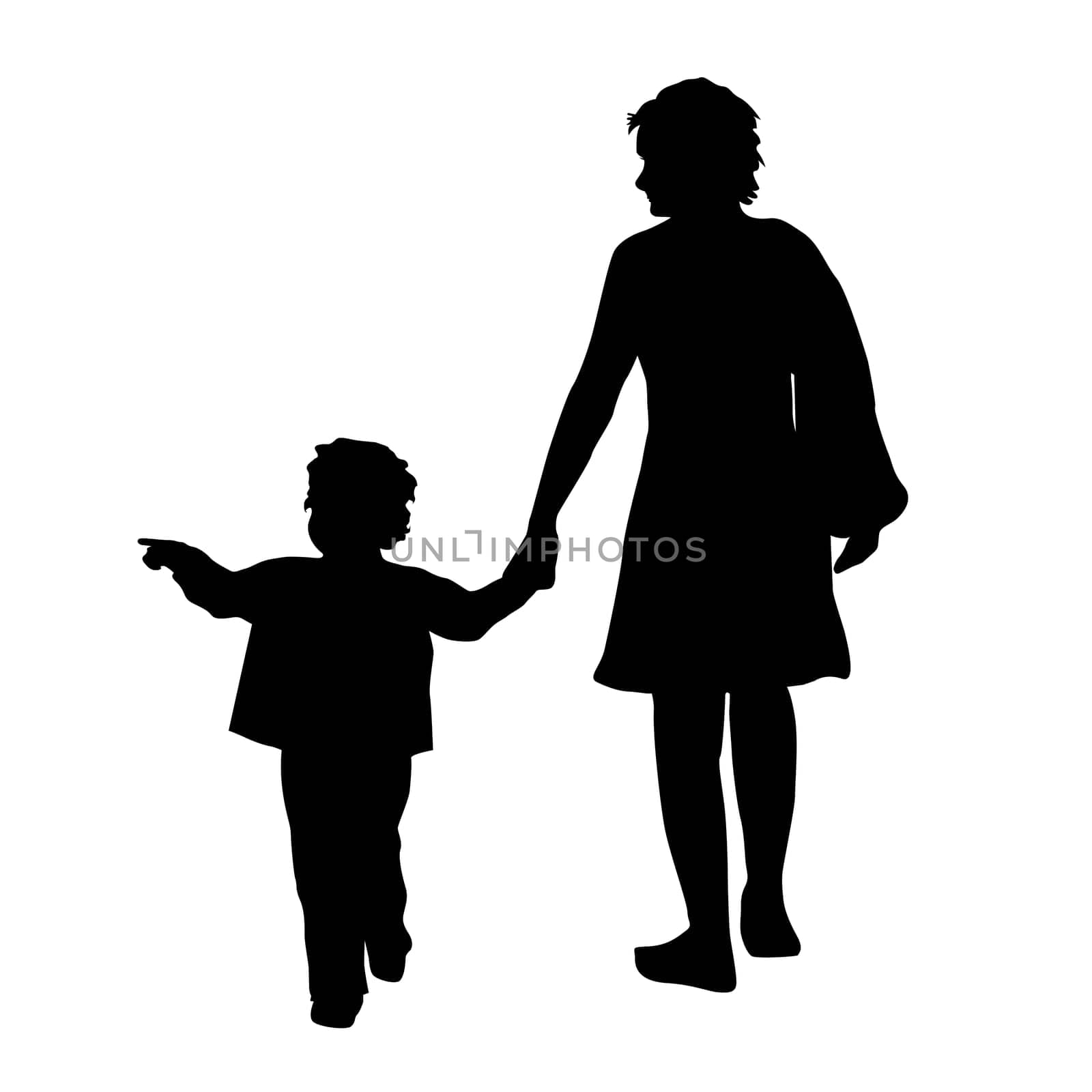 Silhouettes of a mother and her daughter walking and holding hands