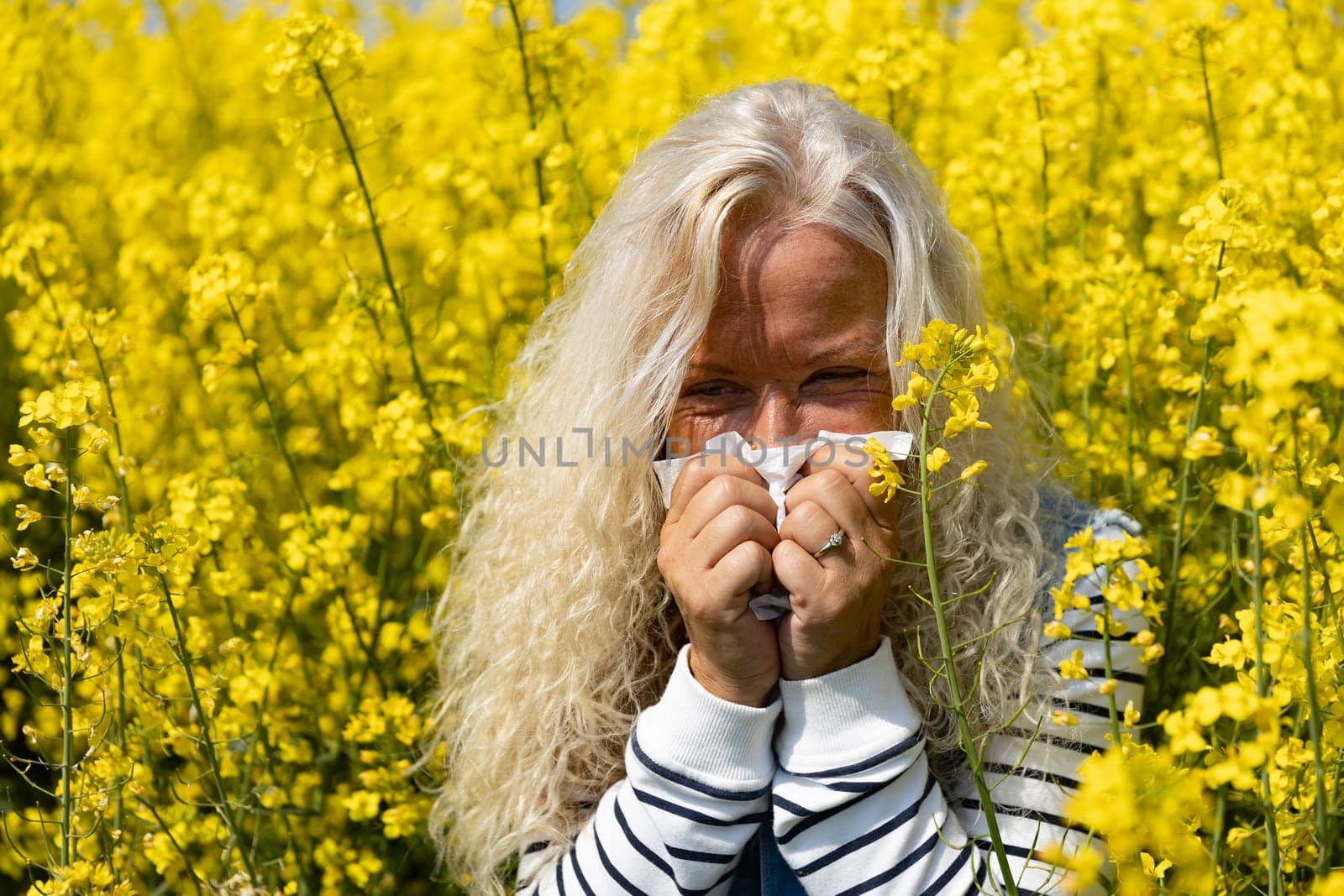 Woman suffers from allergy in a rape field and has to sneeze.